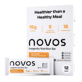 Novos paquete frontal mostrando 12 barras, práctico y nutritivo