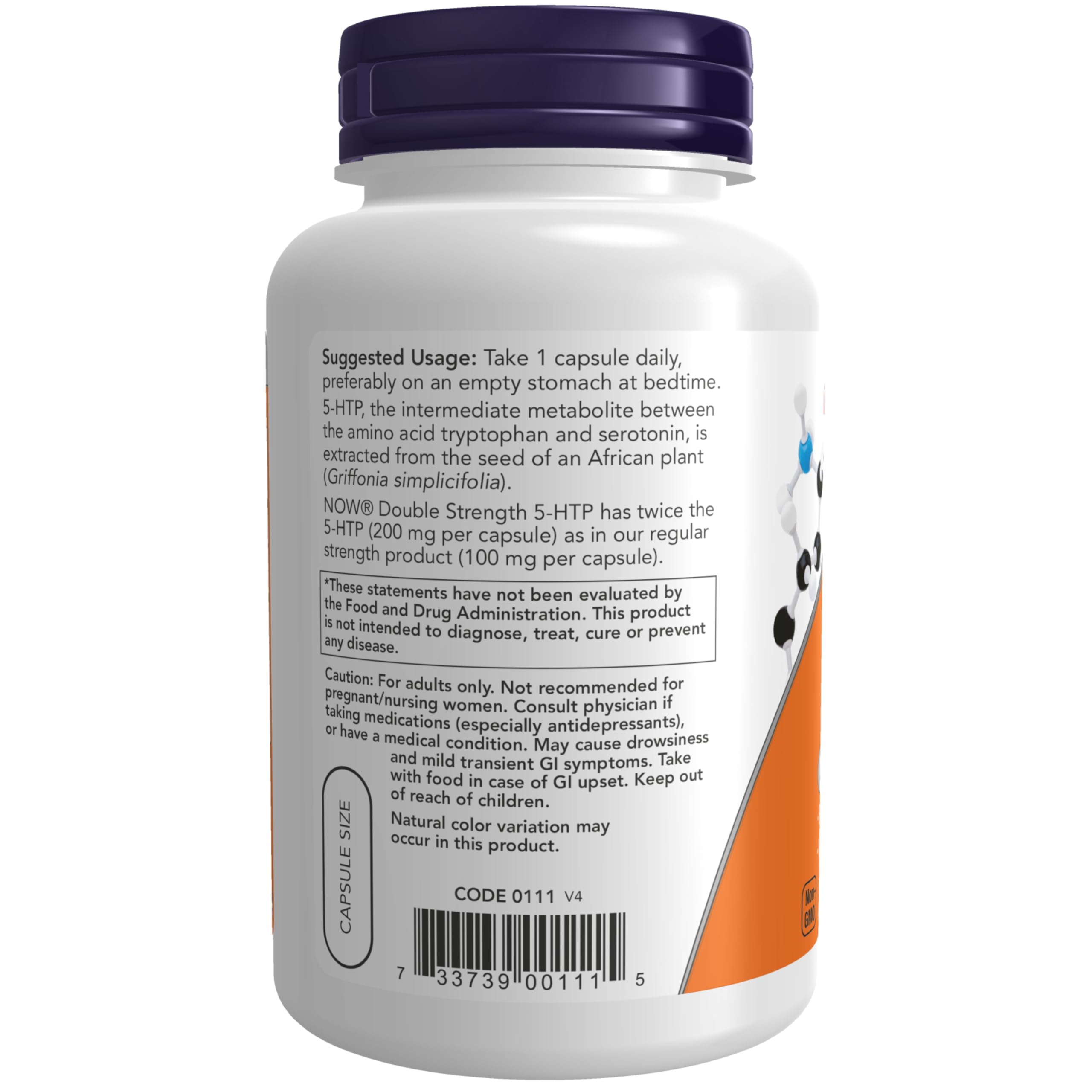 Etiqueta NOW 5‑HTP con información nutricional y certificación GMP visible