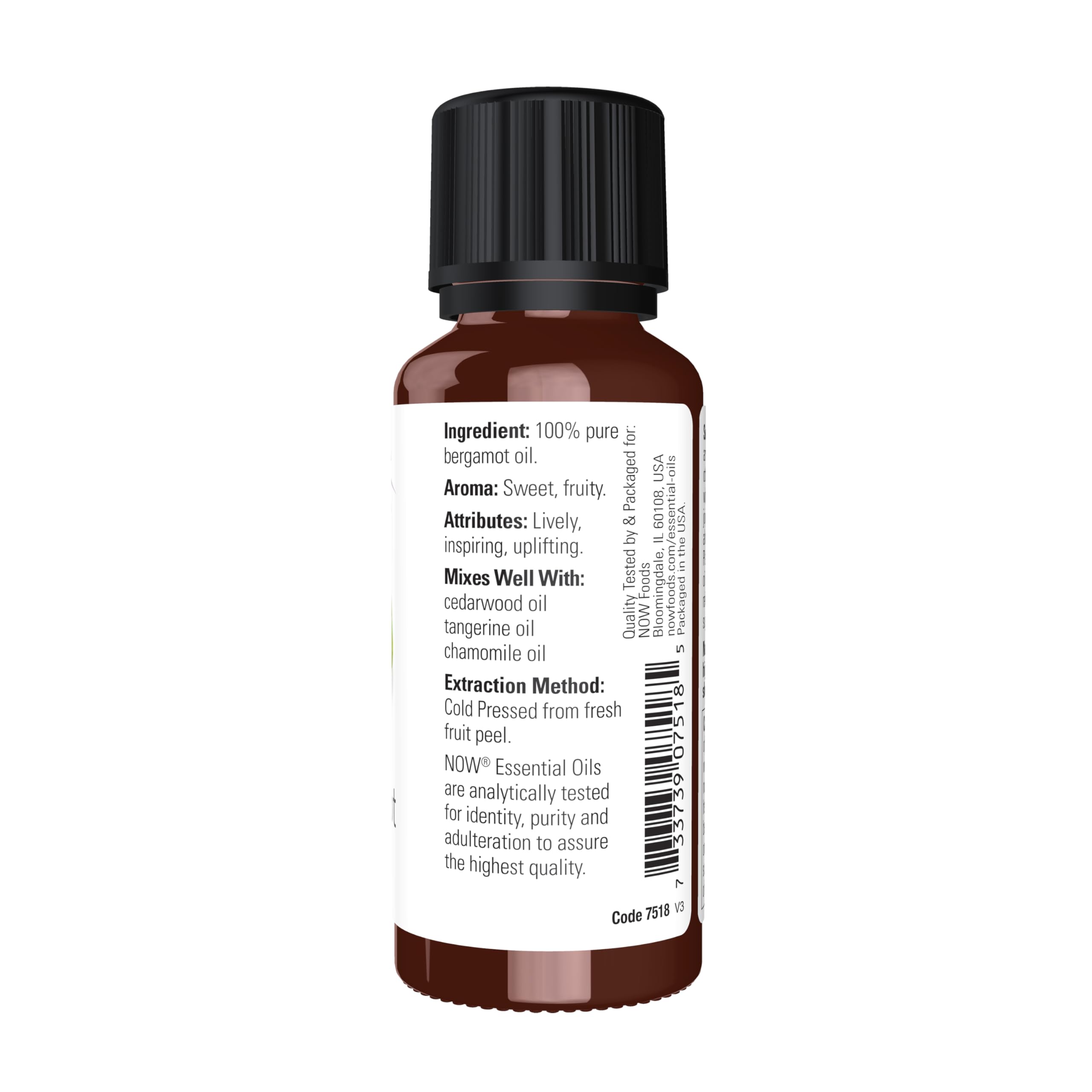NOW Aceite de Bergamota gota en superficie mostrando textura pura y concentración aromática