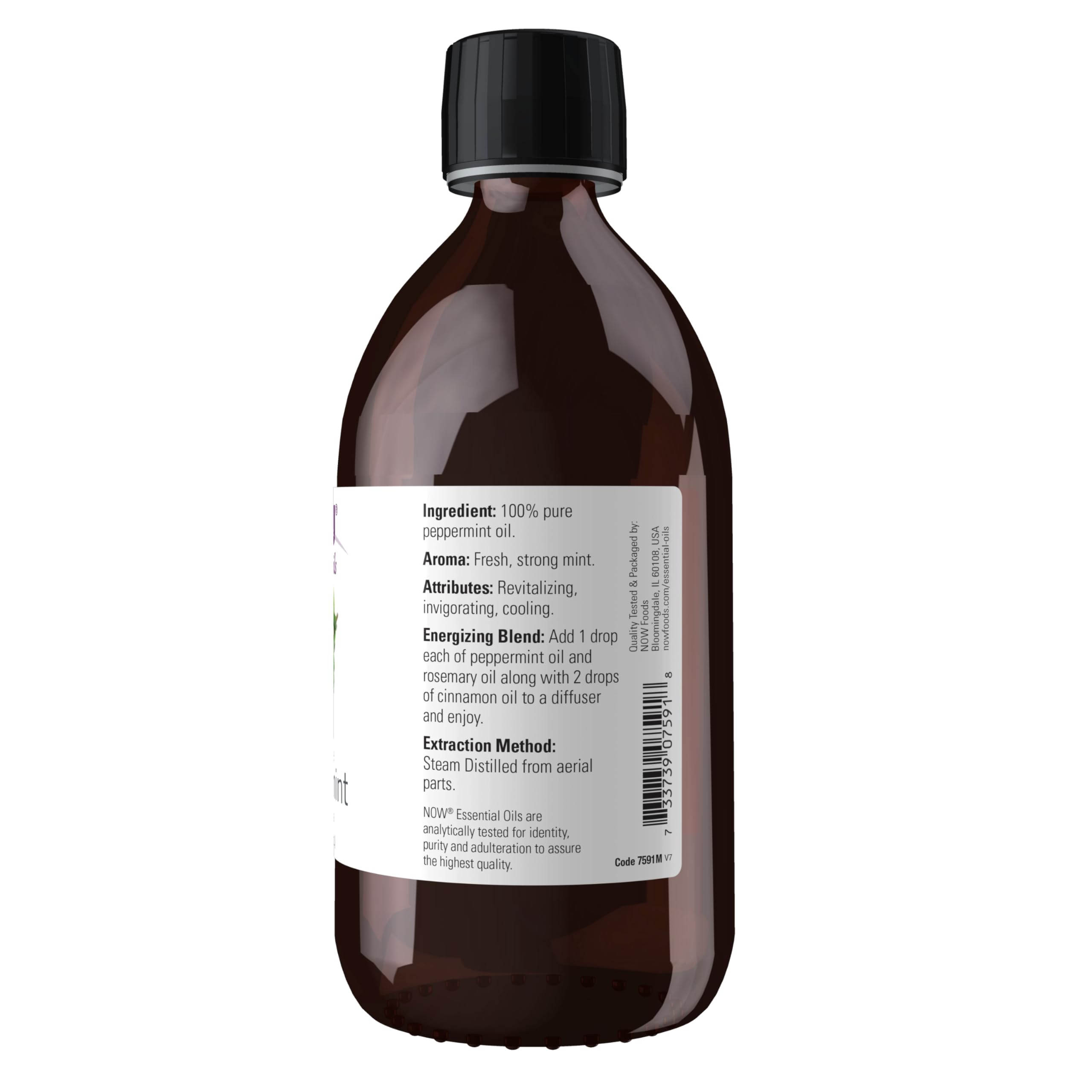 Etiqueta NOW Aceite de menta con información de pureza y destilación visible