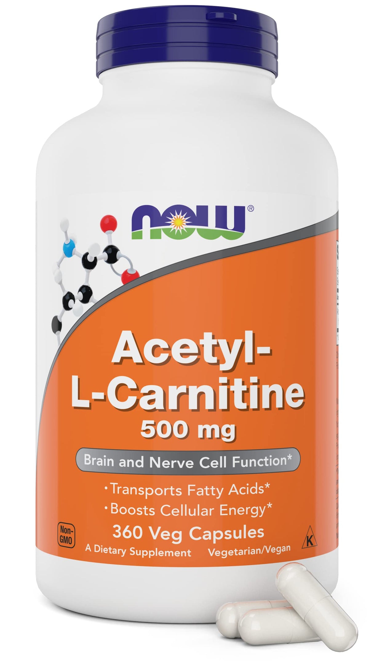 NOW Foods frasco delantero mostrando 360 cápsulas y beneficio de suministro prolongado