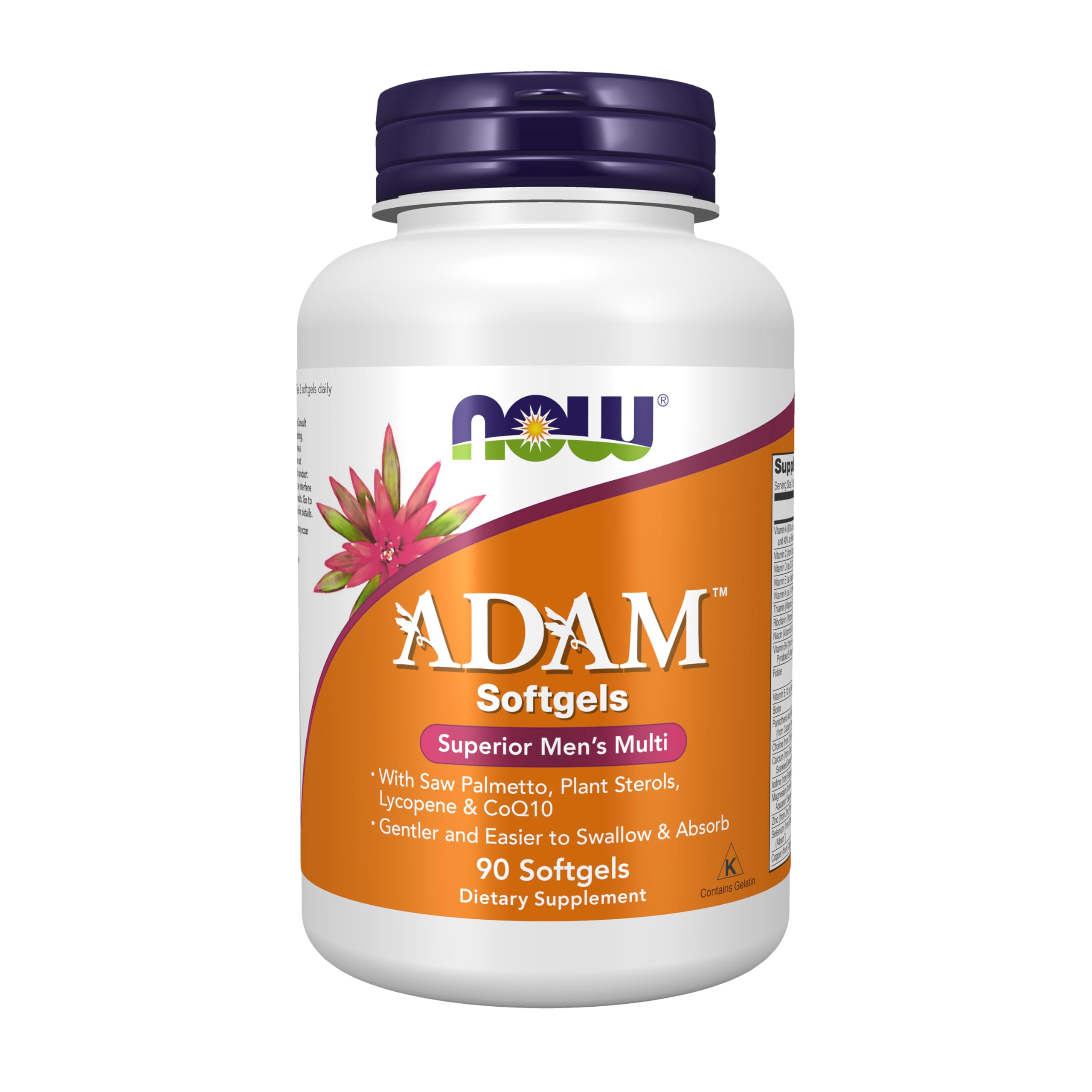 NOW Foods ADAM frente del envase mostrando 90 softgels y beneficio de formulación específica