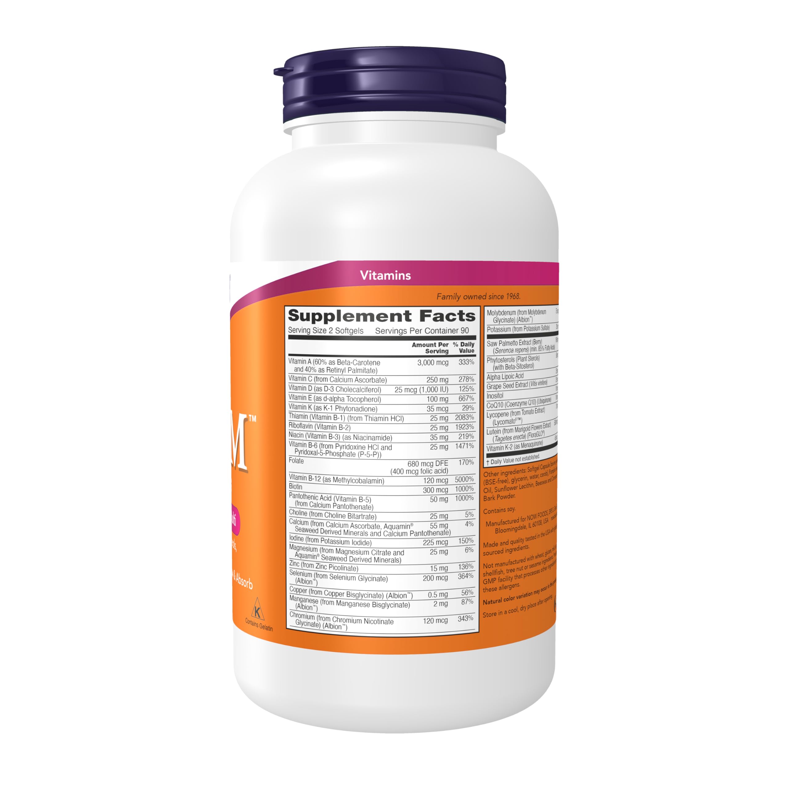 NOW Foods ADAM primer plano de softgel para ver textura y facilidad
