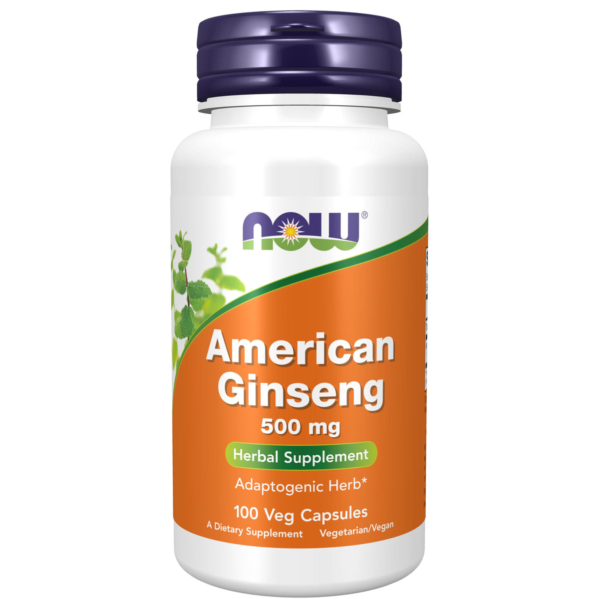 NOW American Ginseng vista frontal del frasco, envase doble para continuidad