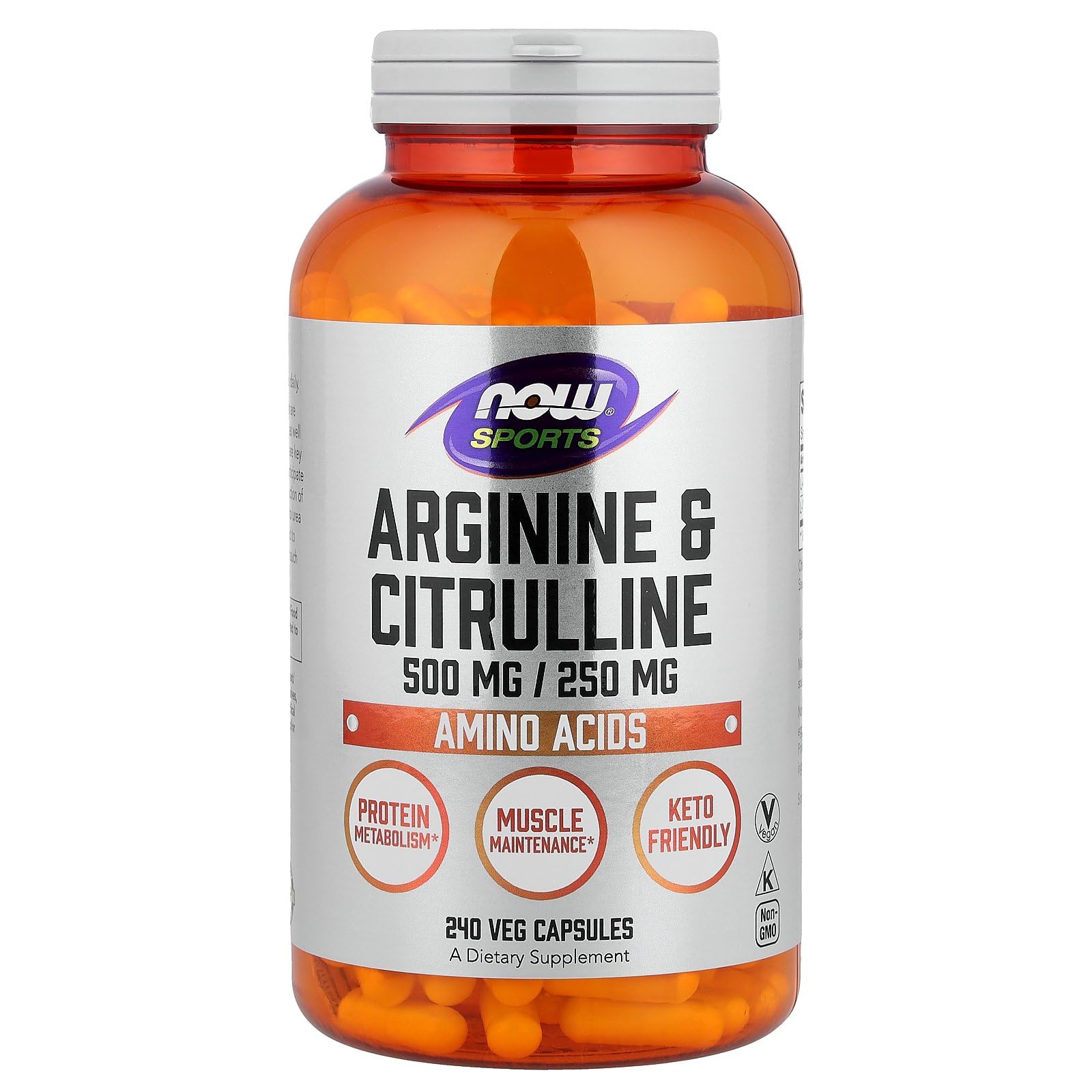 NOW Foods envase frontal que muestra arginina y citrulina y beneficios claros