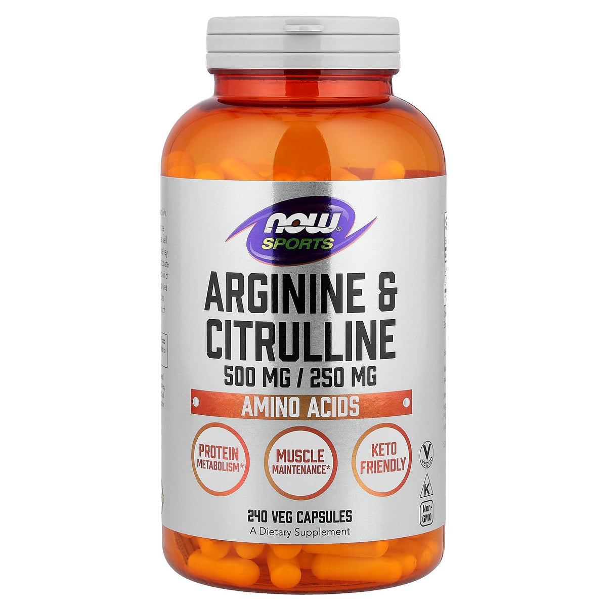 NOW Foods envase frontal que muestra arginina y citrulina y beneficios claros