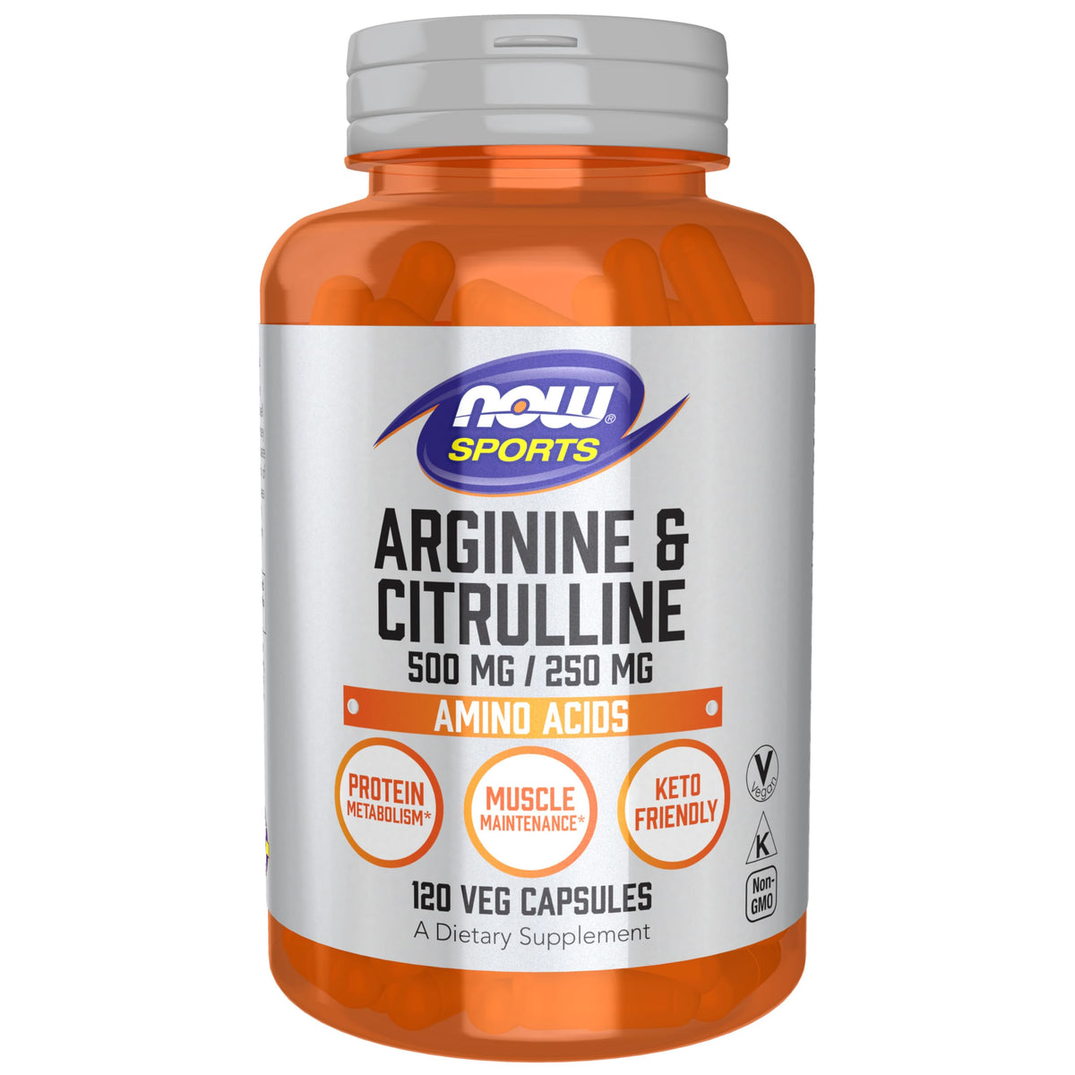 NOW Foods envase frontal de Arginina & Citrulina mostrando dosis por cápsula