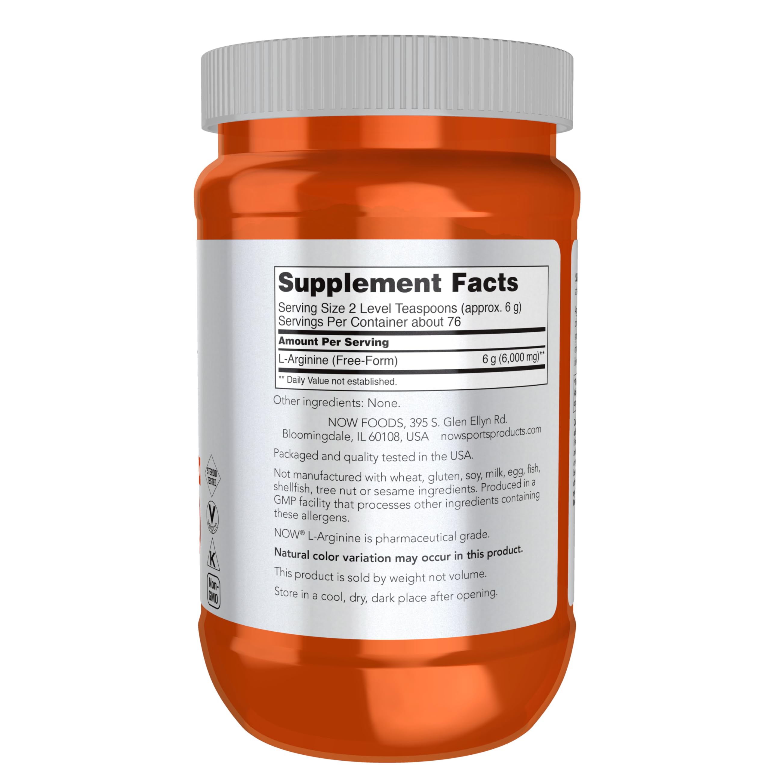 Polvo fino de NOW L-Arginine primer plano que muestra textura pura