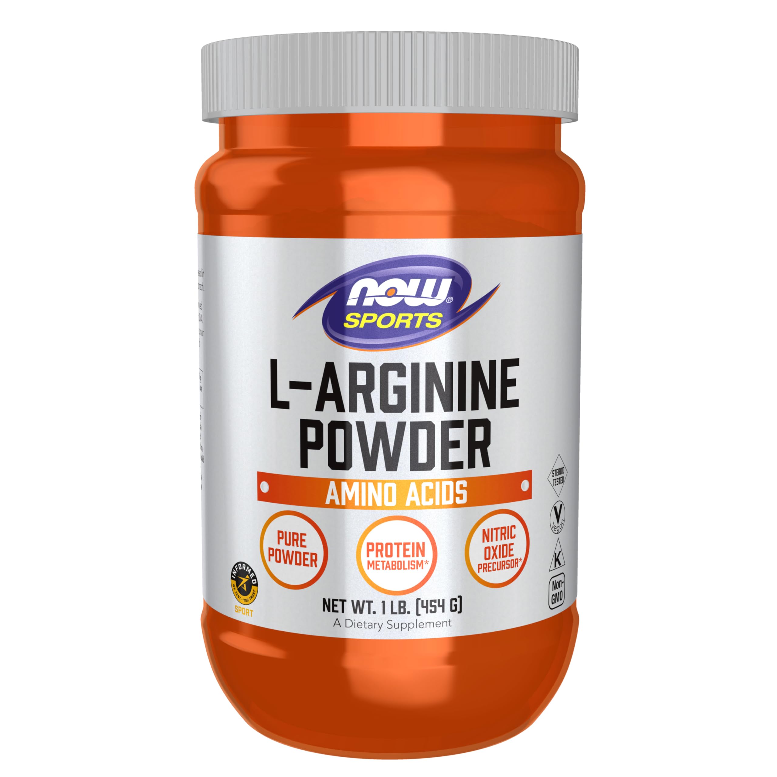 NOW Foods envase frontal de L-Arginine Powder mostrando marca y tamaño