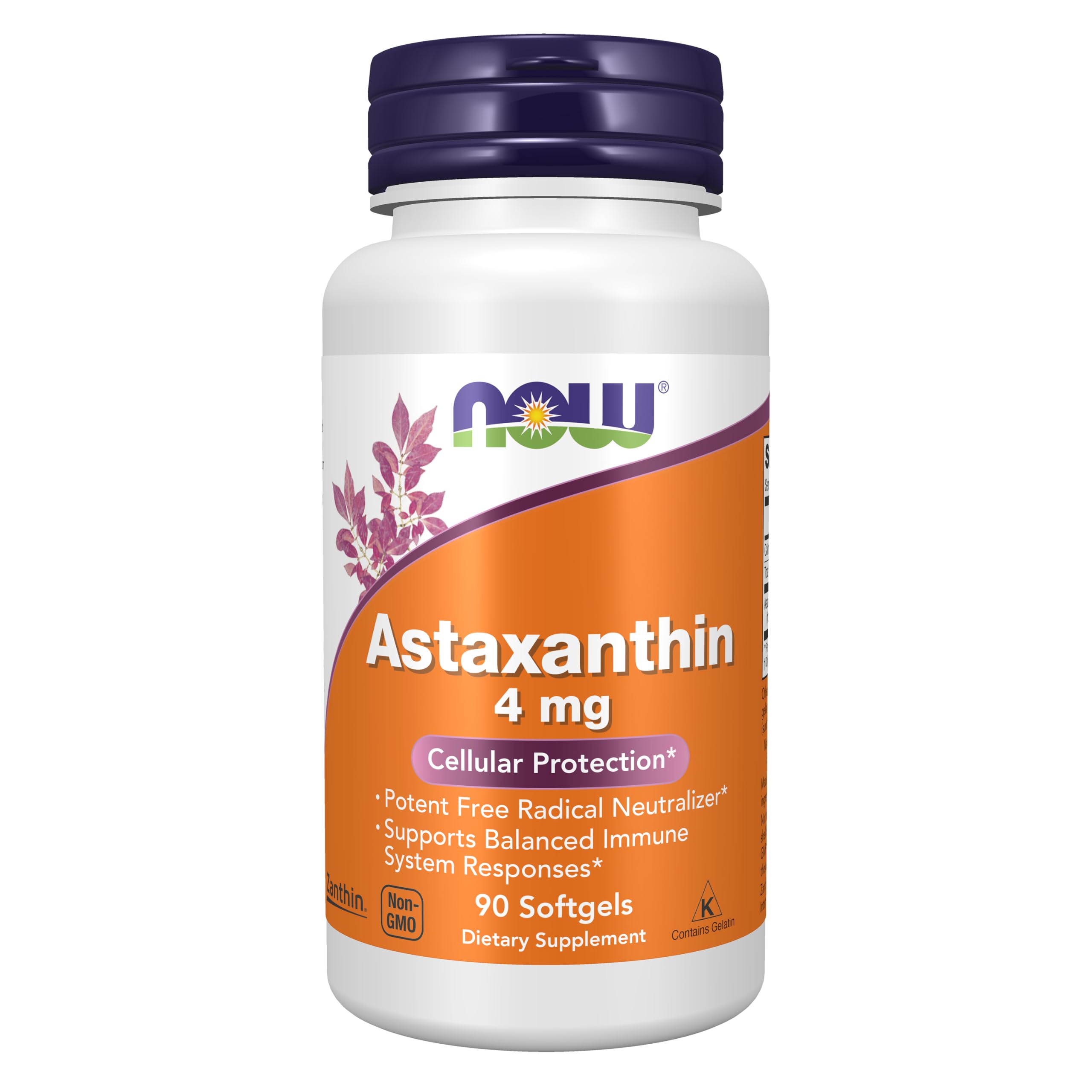 NOW Astaxanthin frasco delantero mostrando etiqueta y beneficio antioxidante