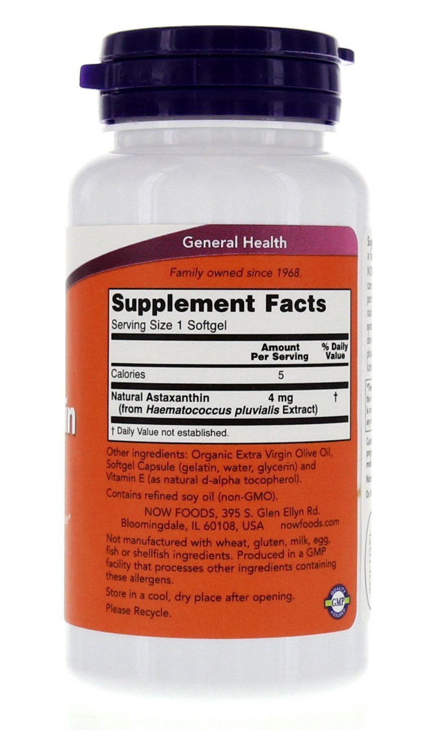 NOW Foods astaxantina color rojizo y apariencia del suplemento visible en detalle