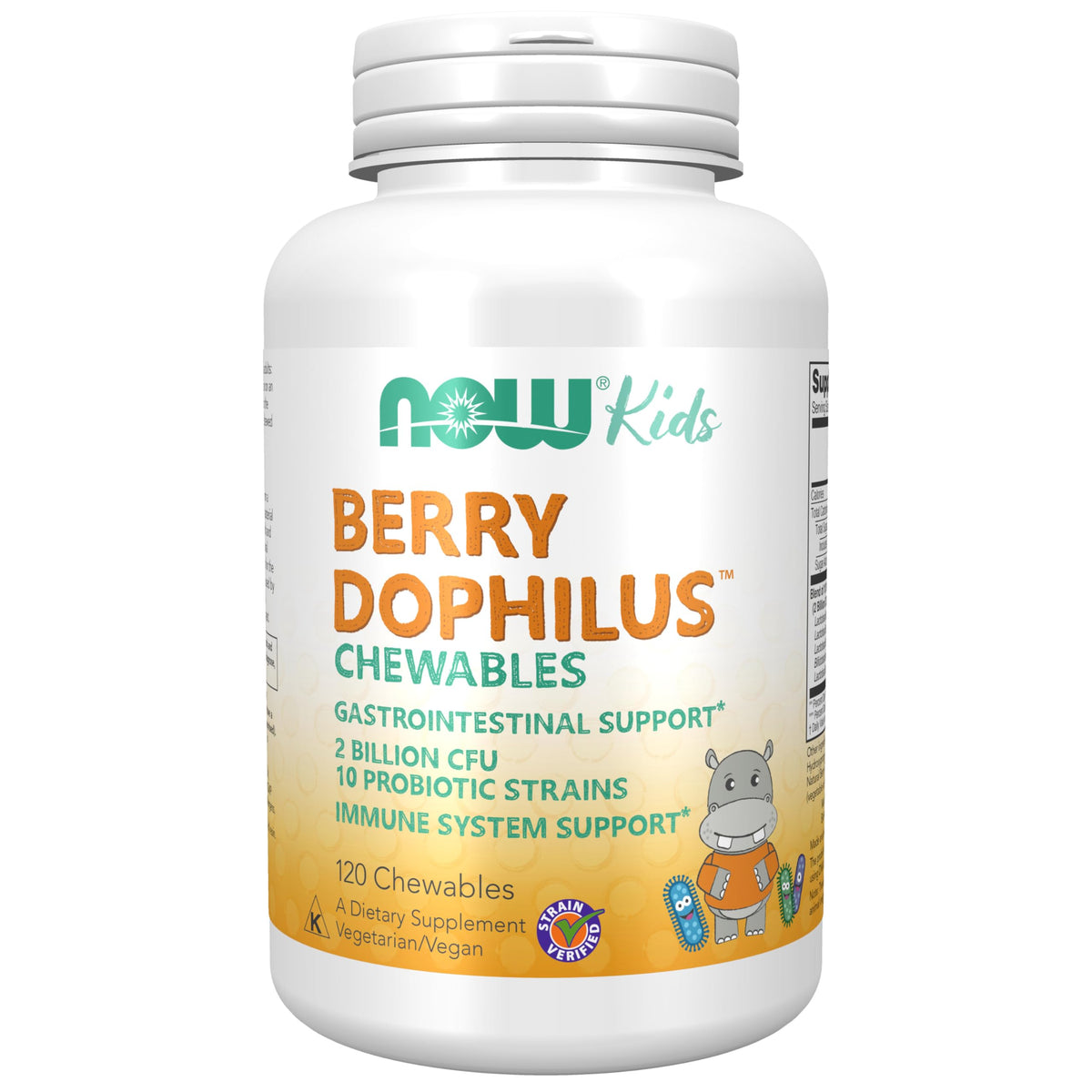 NOW Foods frasco frontal de BerryDophilus mostrando etiqueta y cantidad