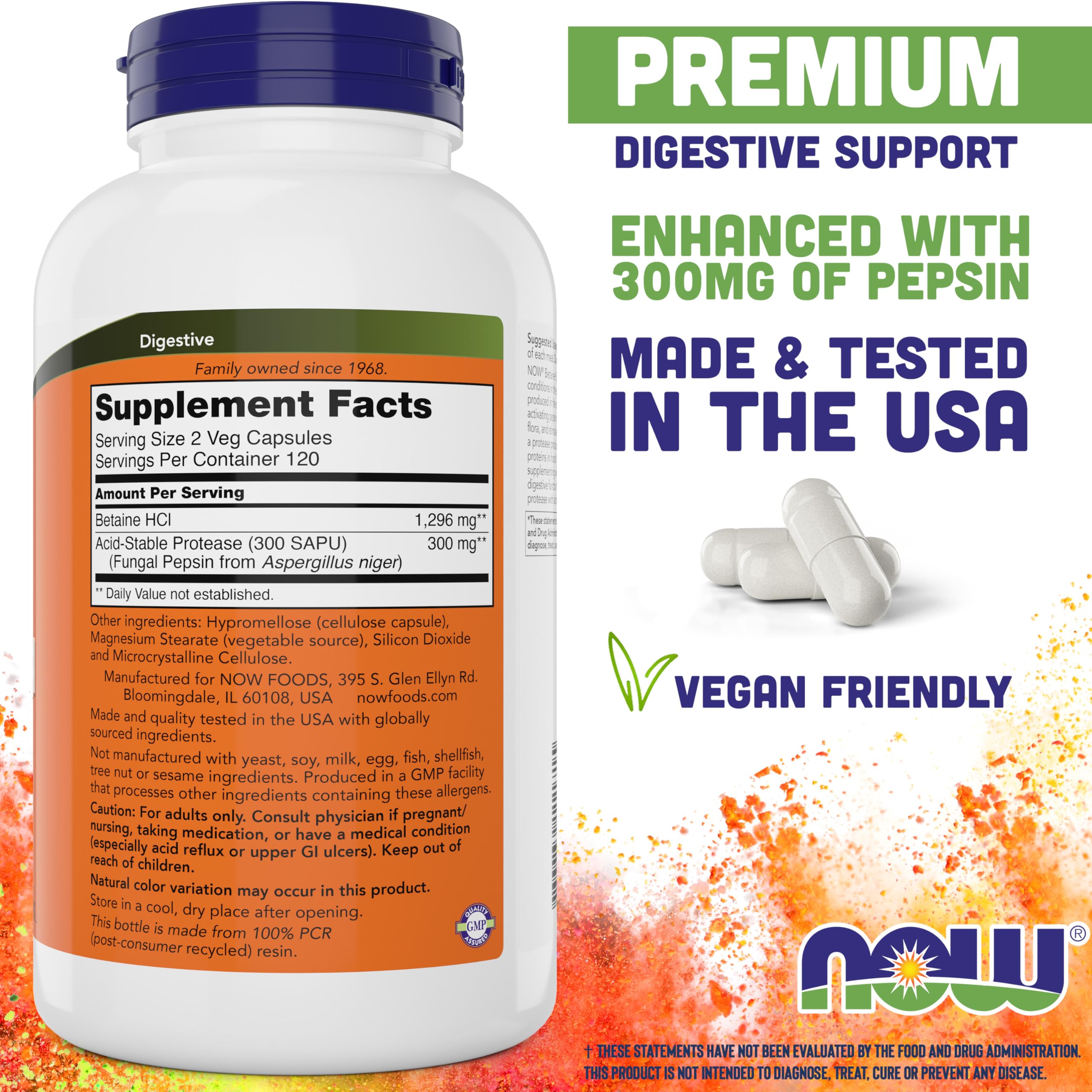 NOW Betaine HCl primer plano de cápsula vegetal mostrando textura y formulación apta vegana