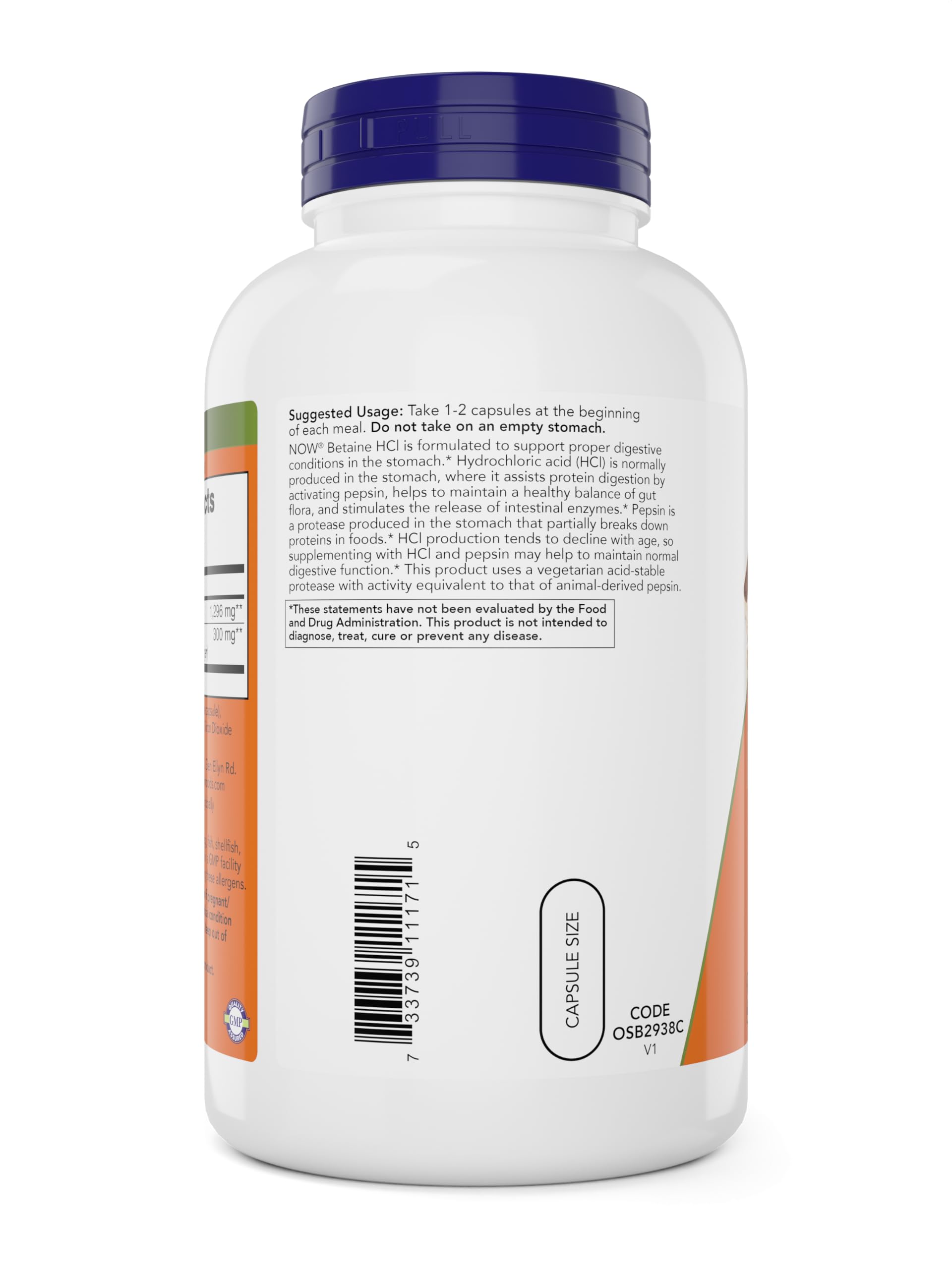 NOW Betaine HCl cápsulas en la palma para mostrar tamaño y dosificación práctica
