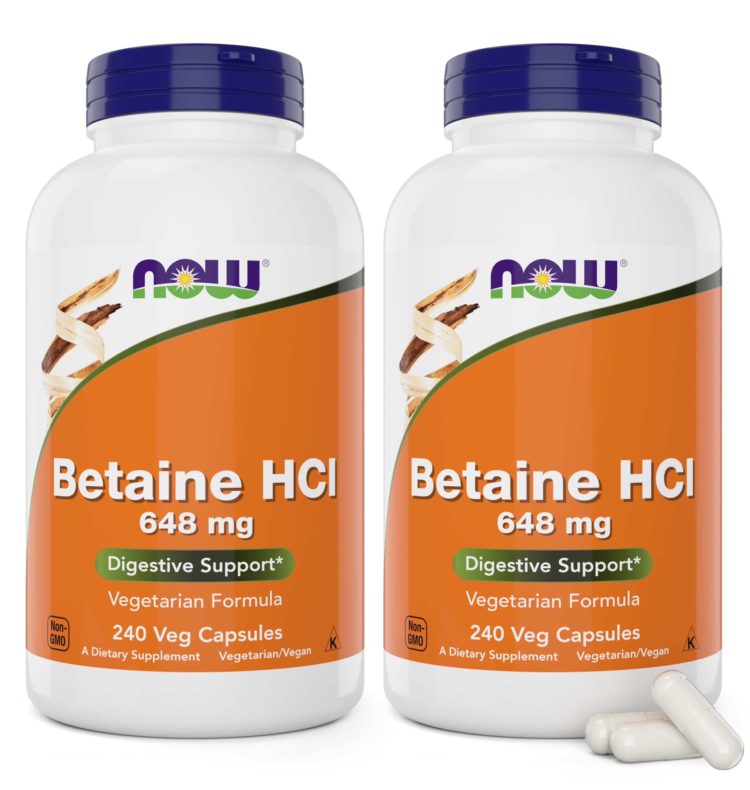 NOW Betaine HCl frontal del pack de 2 con dos frascos visibles y beneficio de ahorro