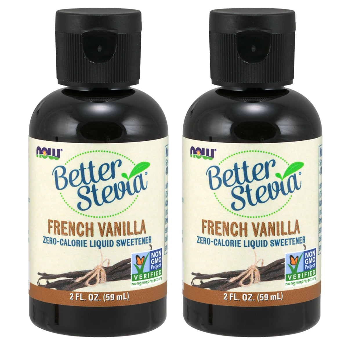 NOW Foods BetterStevia Vainilla Francesa frasco frontal y etiqueta clara, endulza sin calorías