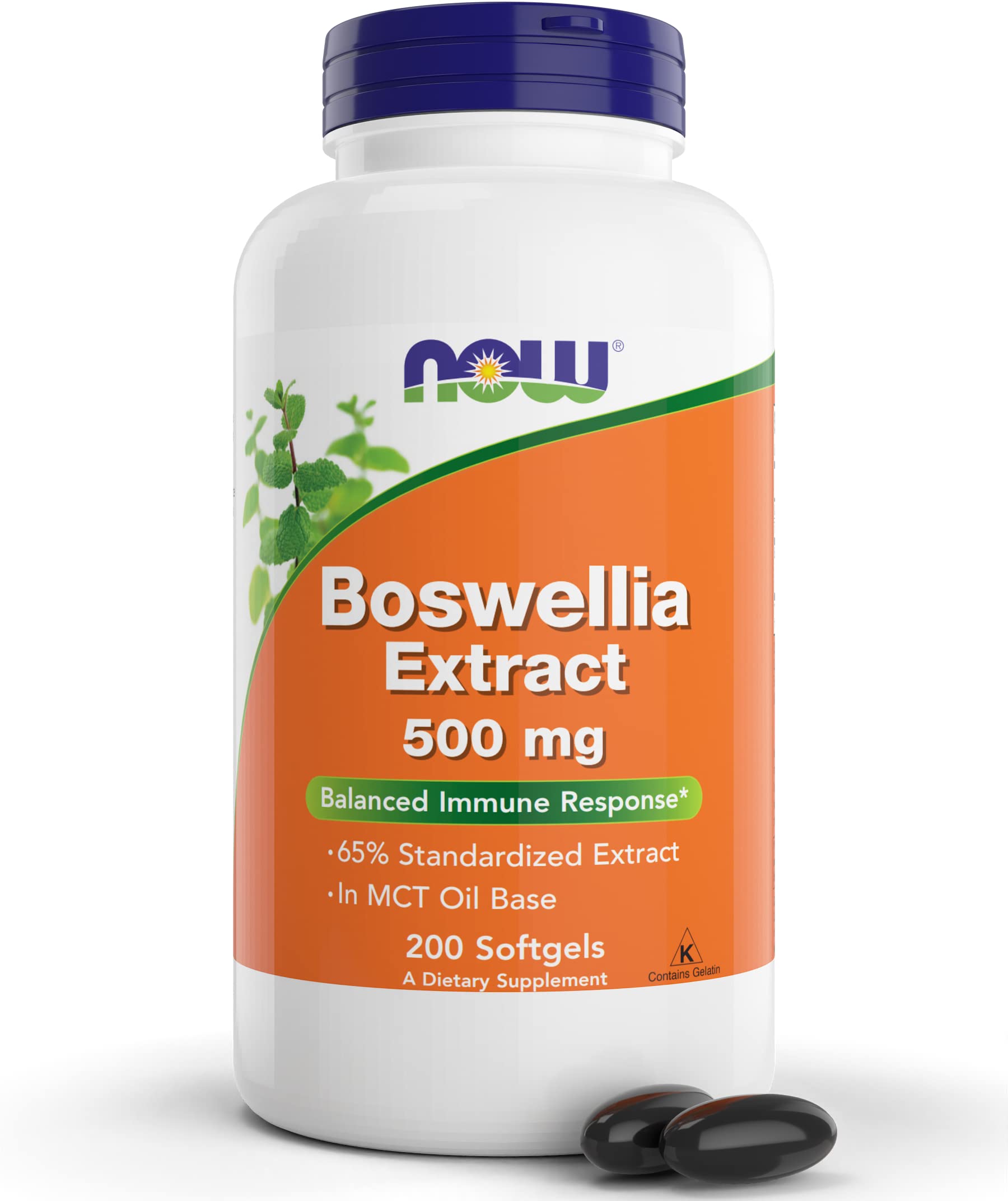 NOW Foods frasco frontal de Boswellia 200 softgels mostrando diseño y cantidad