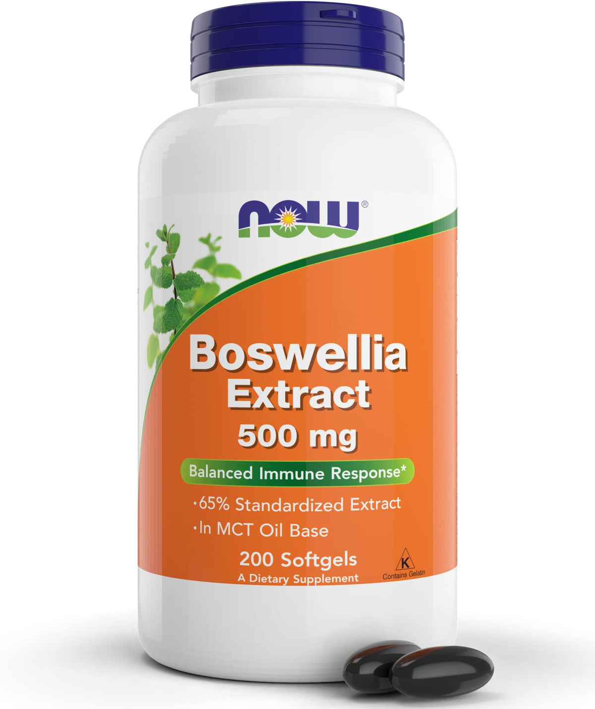 NOW Foods frasco frontal de Boswellia 200 softgels mostrando diseño y cantidad