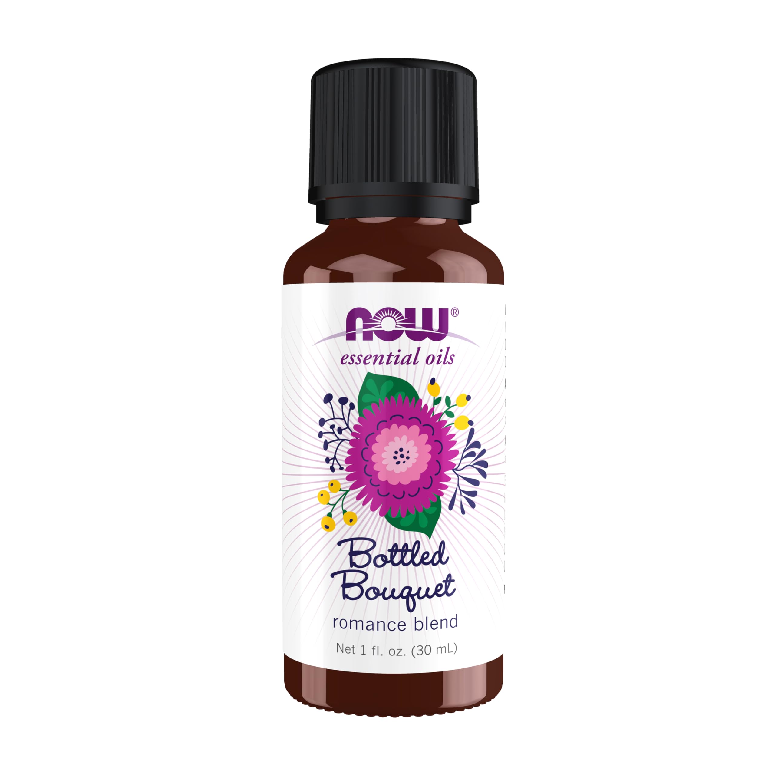 NOW Foods botella Bottled Bouquet frente del envase mostrando tamaño claro y tapa segura