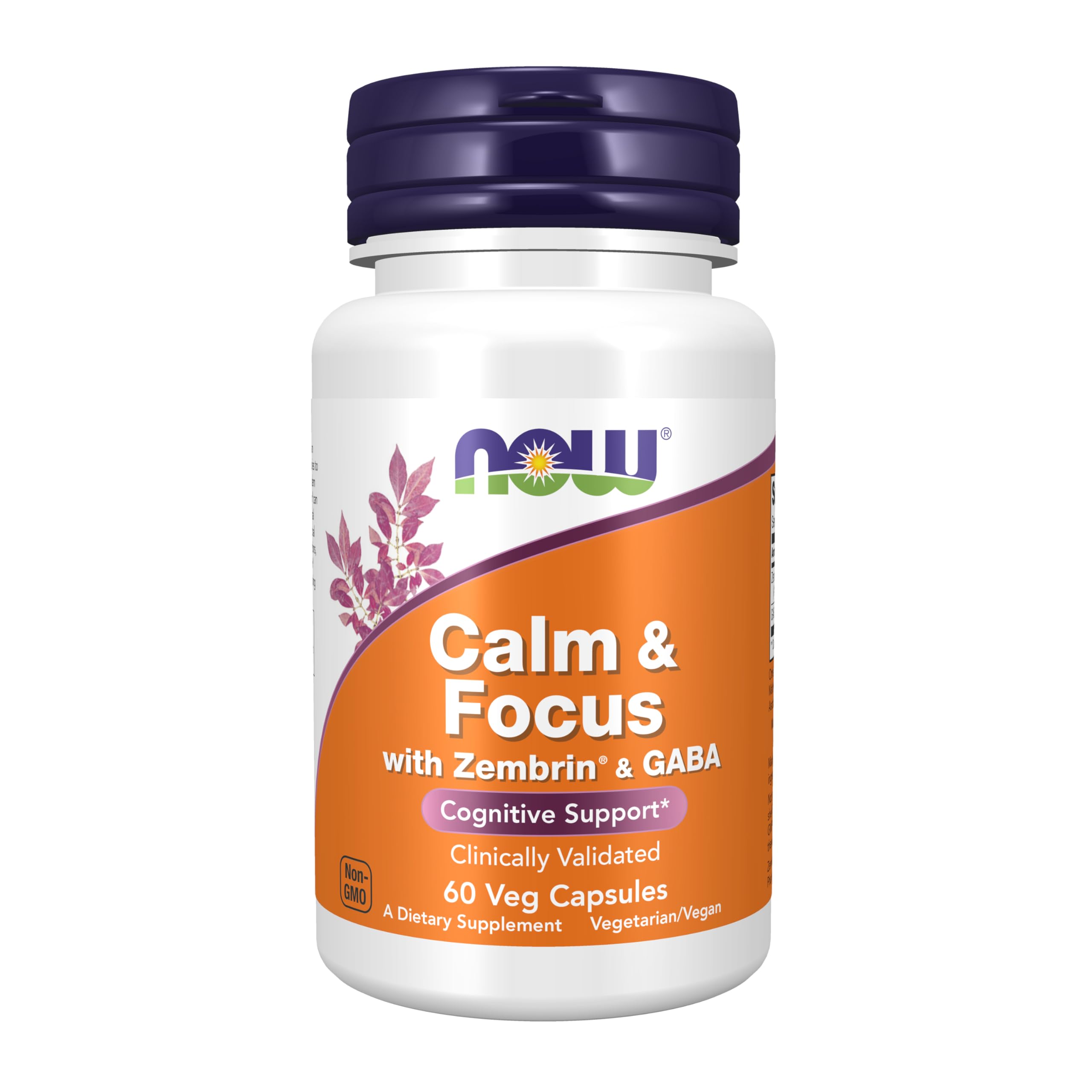 NOW frasco frontal mostrando Calm & Focus y beneficios