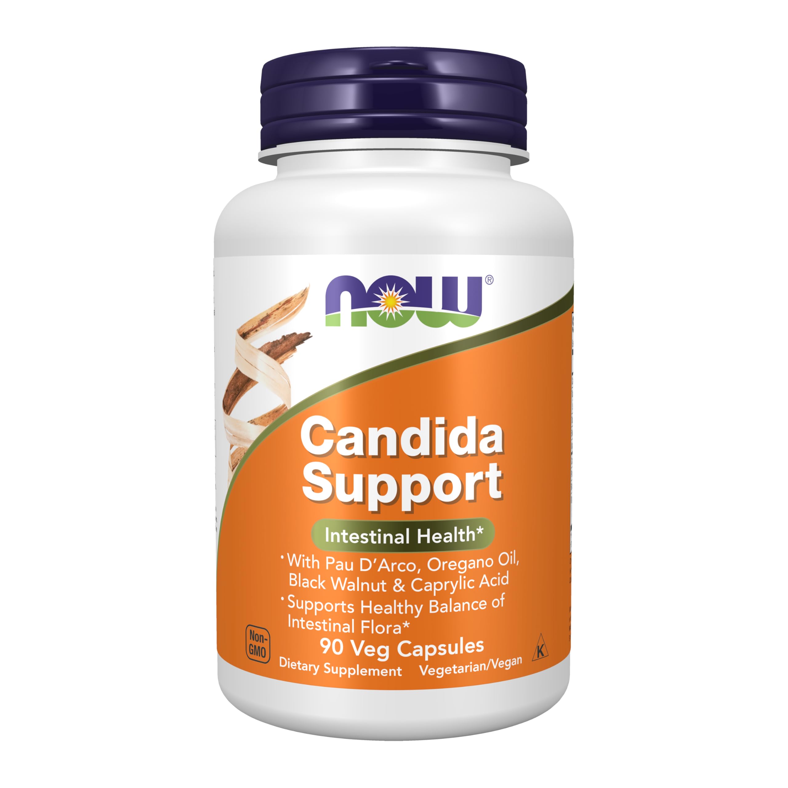 NOW Foods envase de Candida Support mostrando 90 cápsulas y beneficios