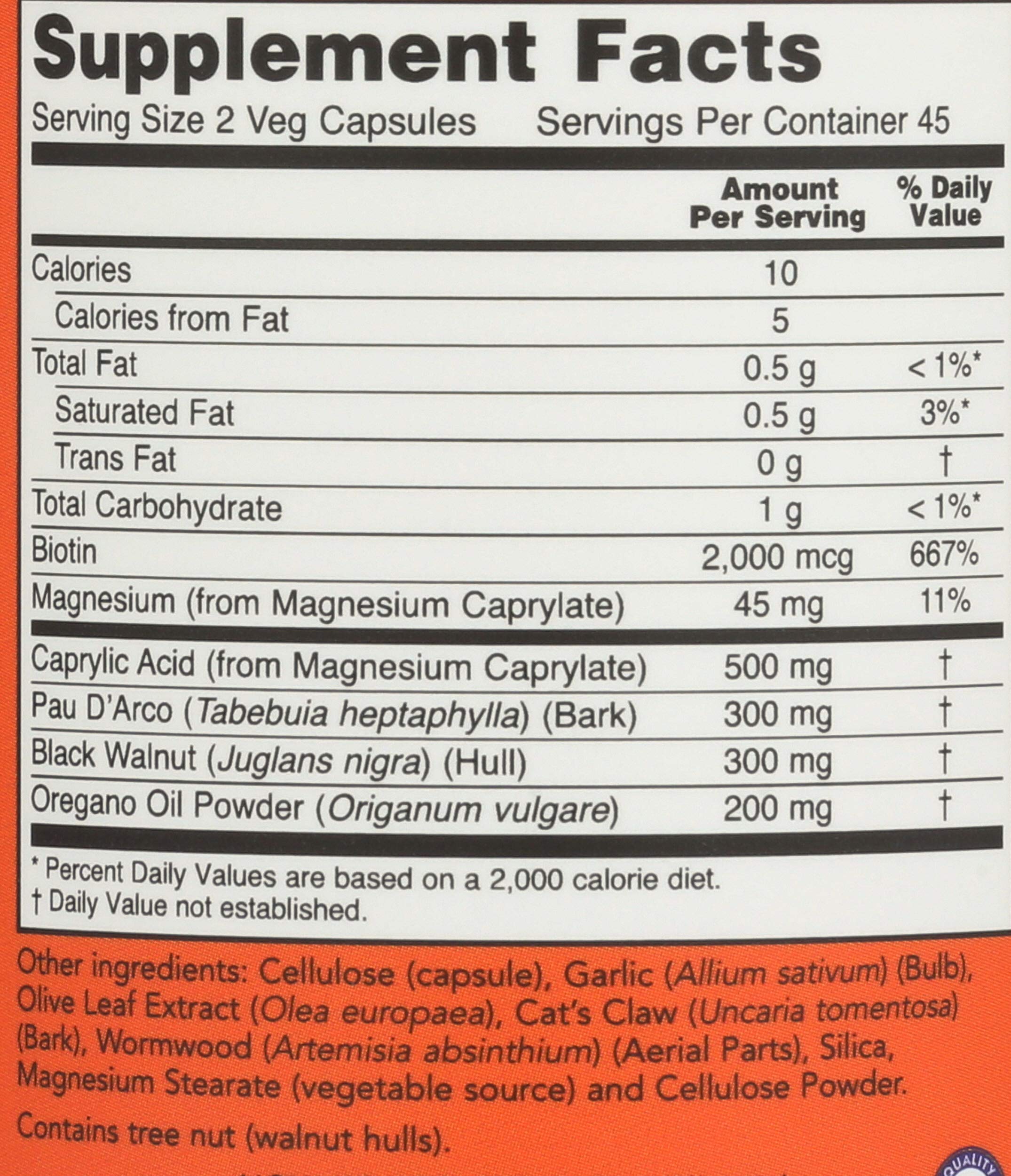 NOW Foods ingredientes Pau D'Arco, nogal negro y orégano en composición natural