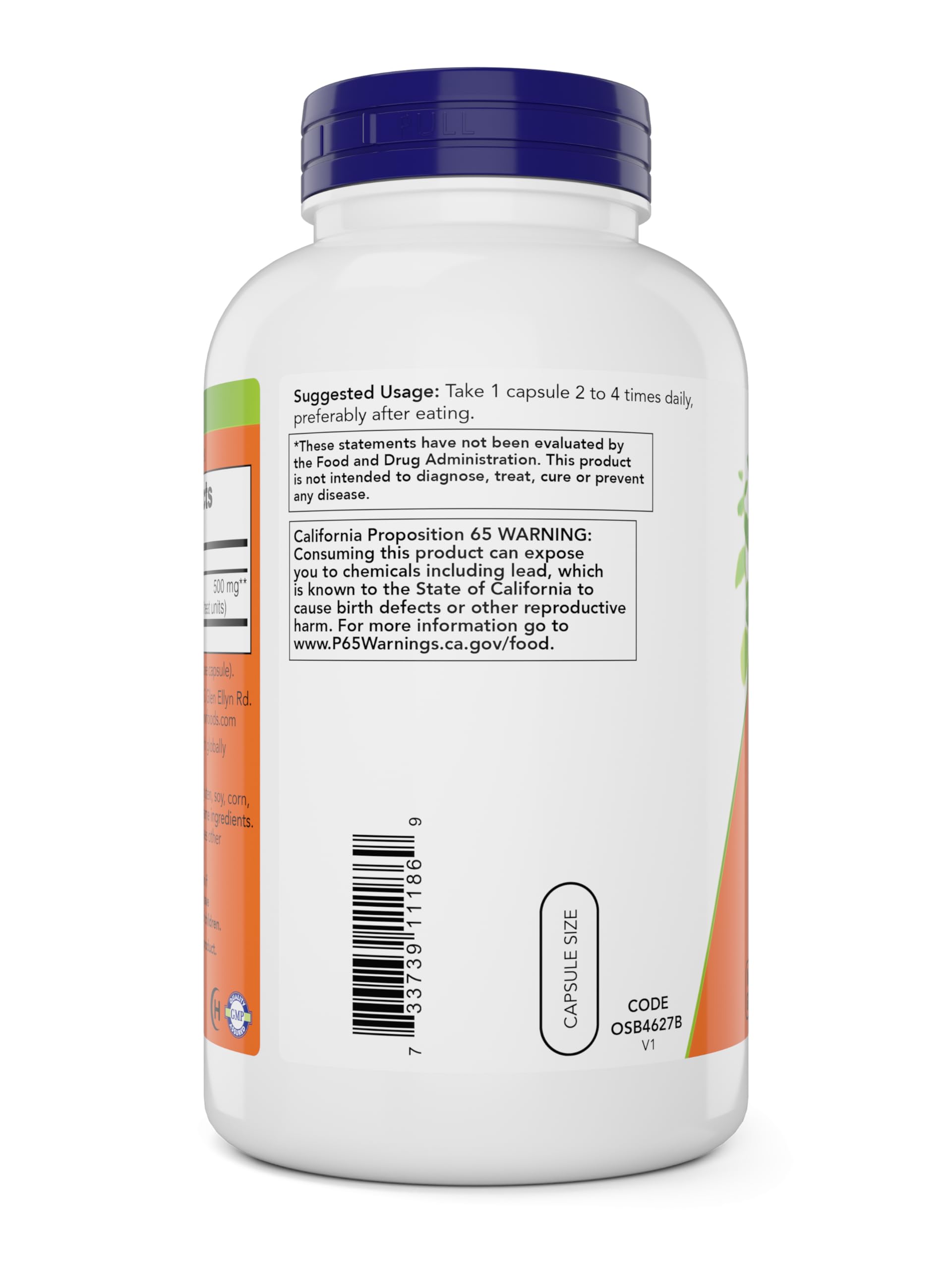 NOW Foods cápsula en mano comparativa de tamaño, muestra dosificación práctica
