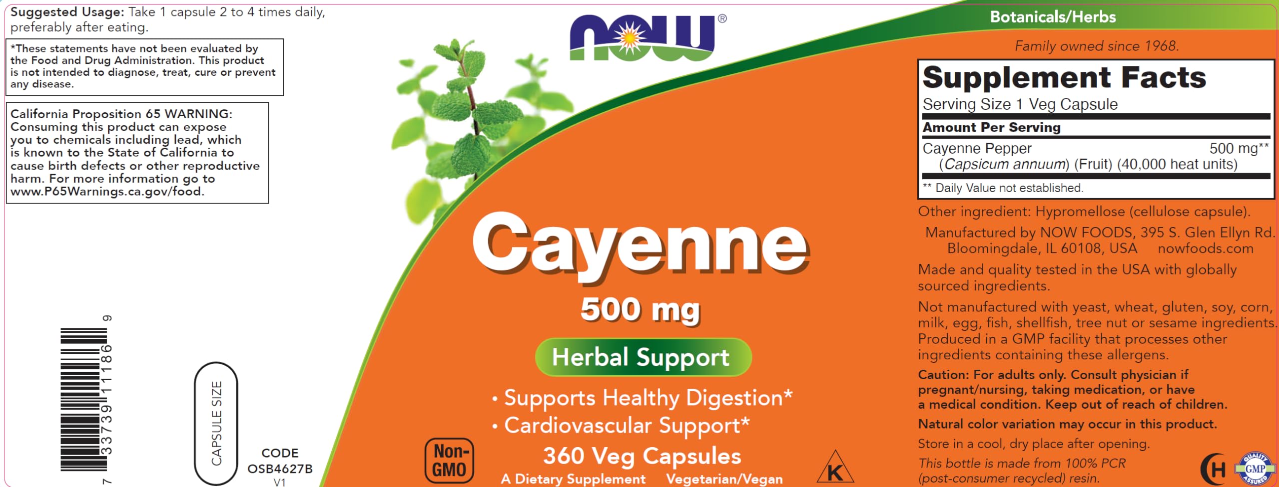 NOW Cayenne etiqueta con información de ingredientes y certificaciones claras