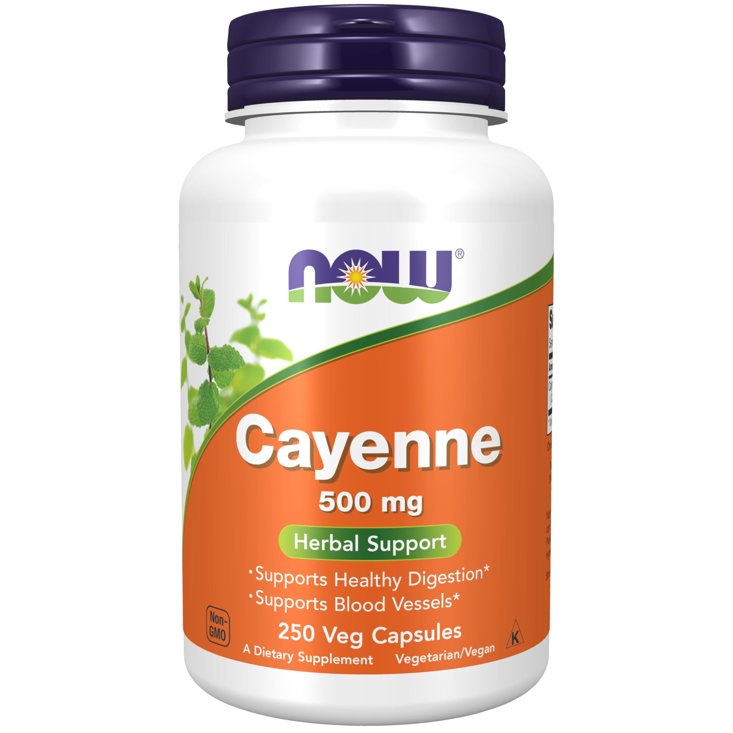 NOW Foods frasco frontal del producto cayena 500 mg mostrando etiqueta y tamaño