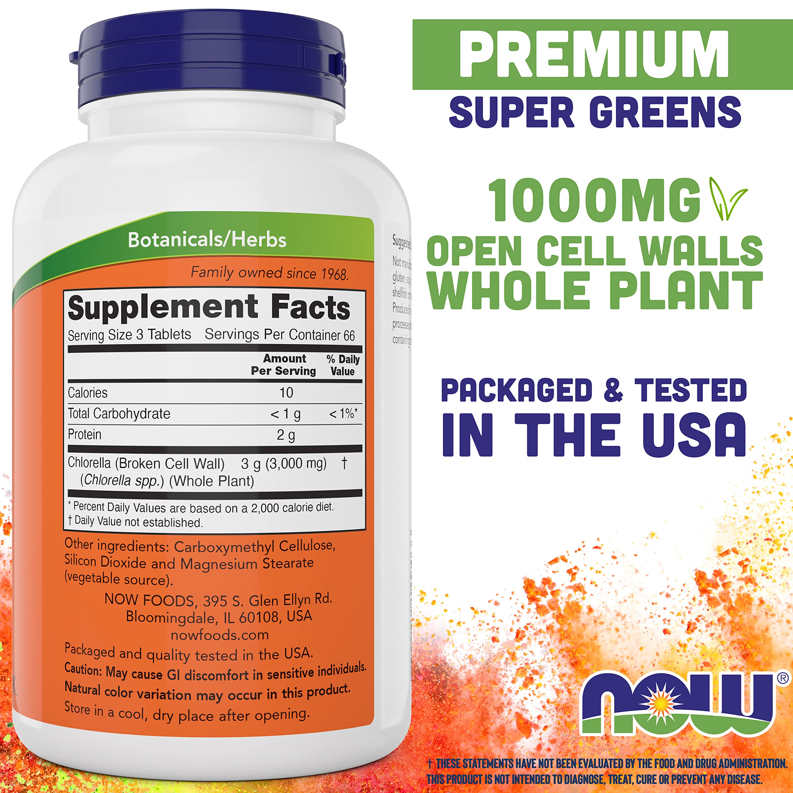 NOW Foods primer plano de una tableta de chlorella, destacando su tamaño