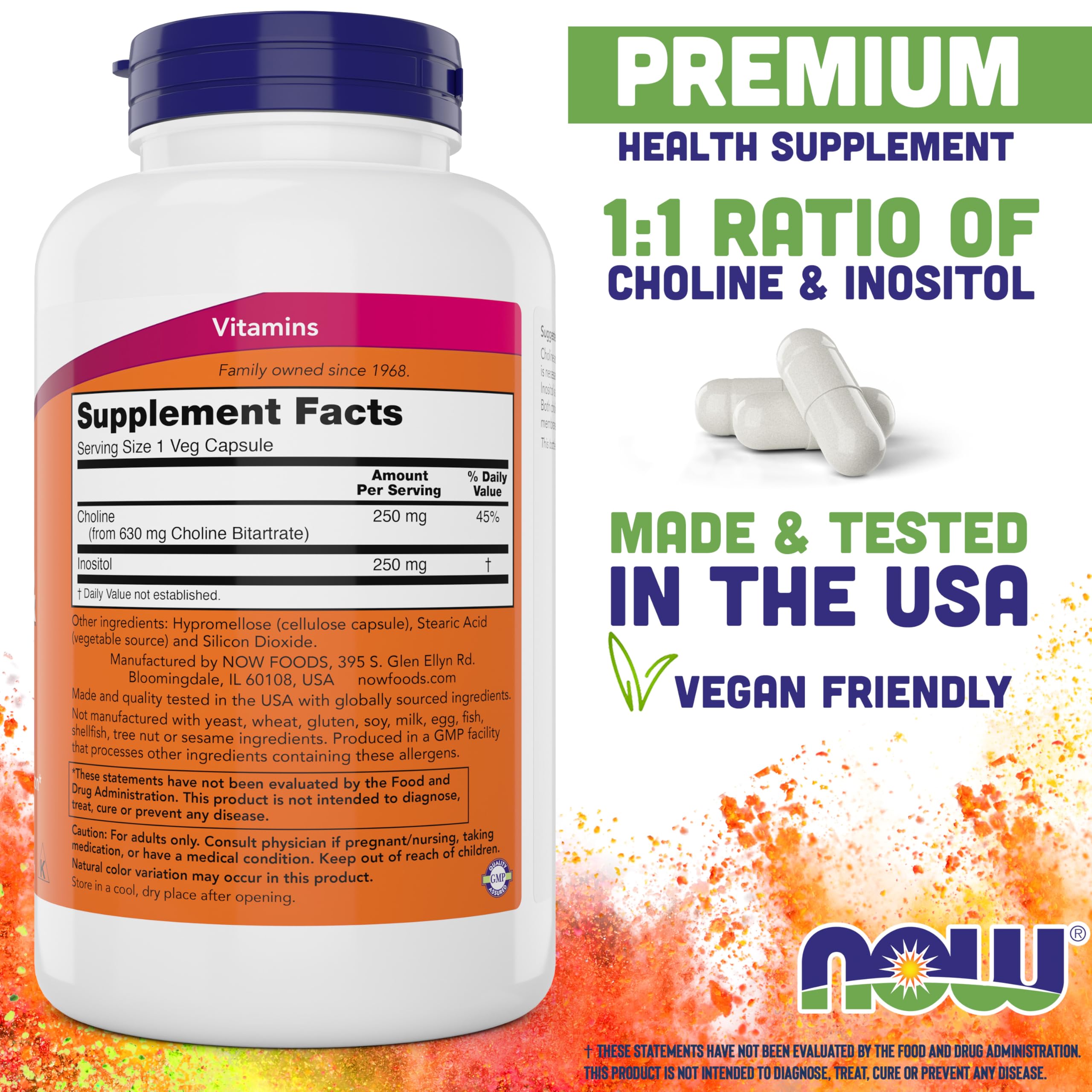 NOW Choline & Inositol detalle de cápsula vegetal y textura clara