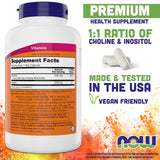 NOW Foods etiqueta con información de colina e inositol y beneficios