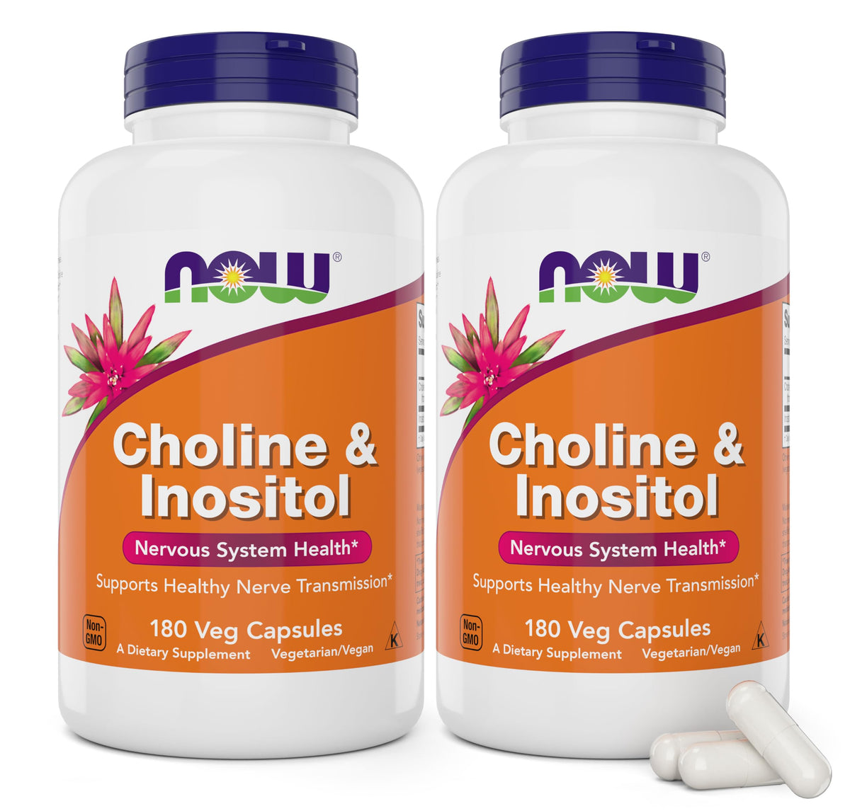 NOW Choline & Inositol vista frontal mostrando envase doble y duración
