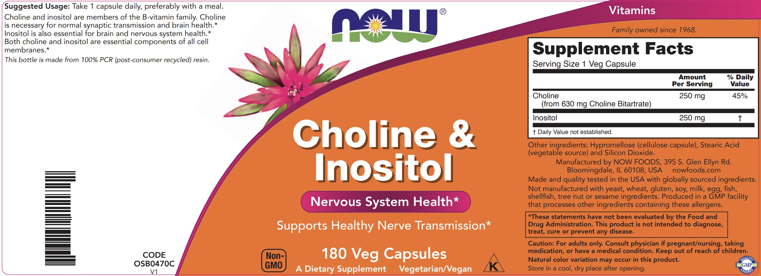NOW Choline & Inositol cápsula junto a mano mostrando uso diario fácil