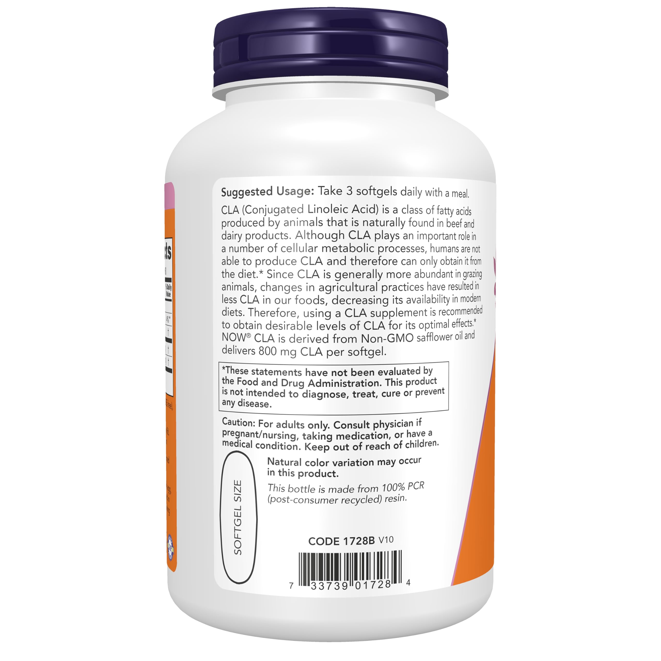 Capsula NOW CLA 800 mg en mano para comparar tamaño y facilidad de ingestión