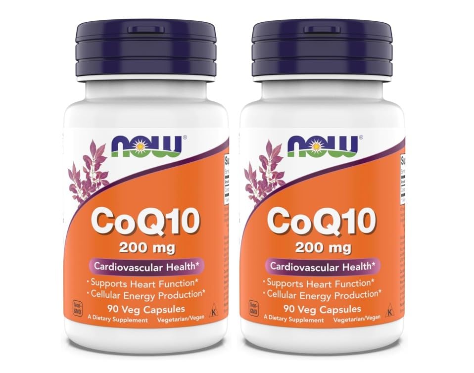 NOW Foods CoQ10 200 mg vista frontal mostrando el envase y beneficio energético