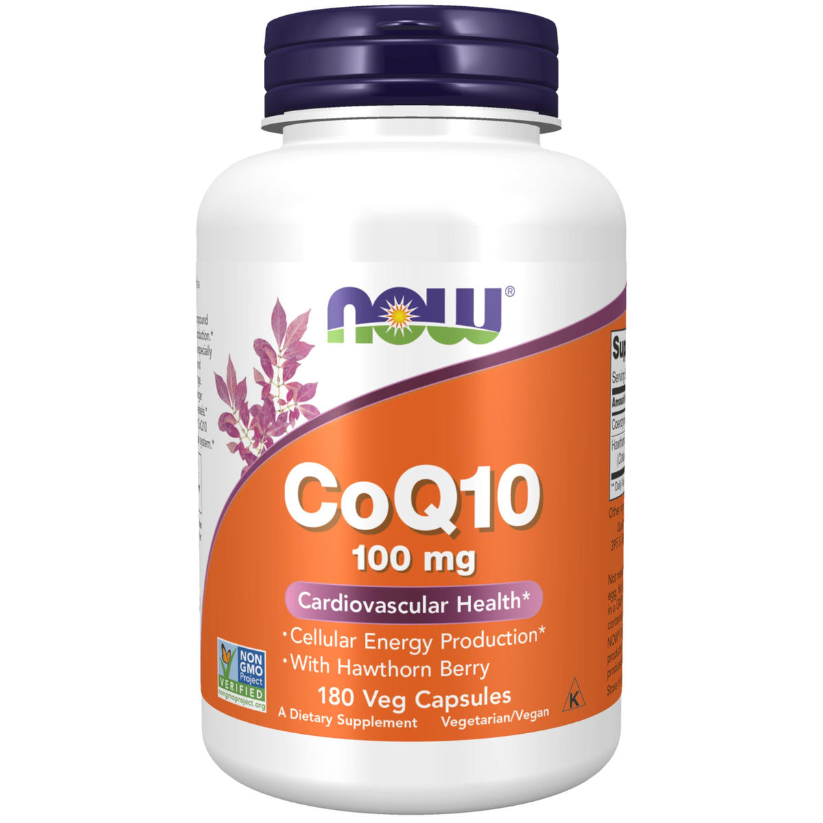 NOW CoQ10 frente del empaque mostrando 180 cápsulas y beneficio de energía