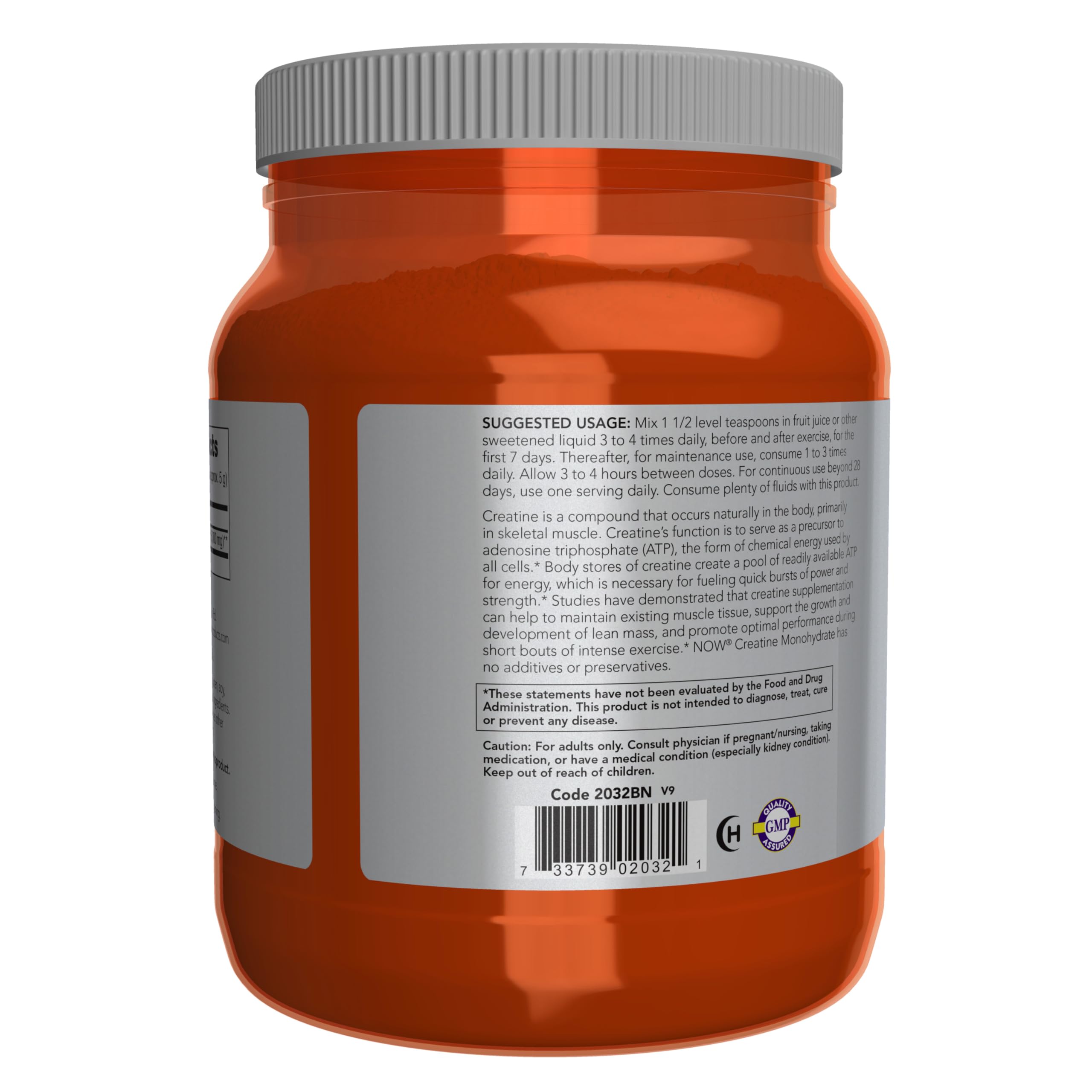 Cucharilla medidora con creatina NOW Foods indicando cantidad práctica por toma