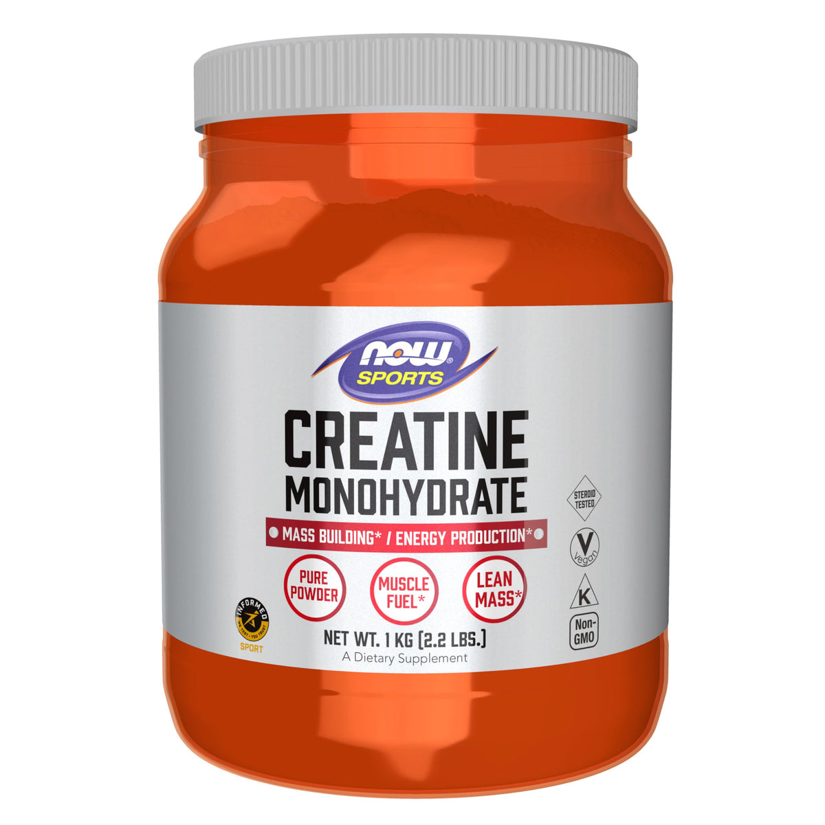 NOW Foods envase frontal de creatina monohidrato, muestra pureza y confianza