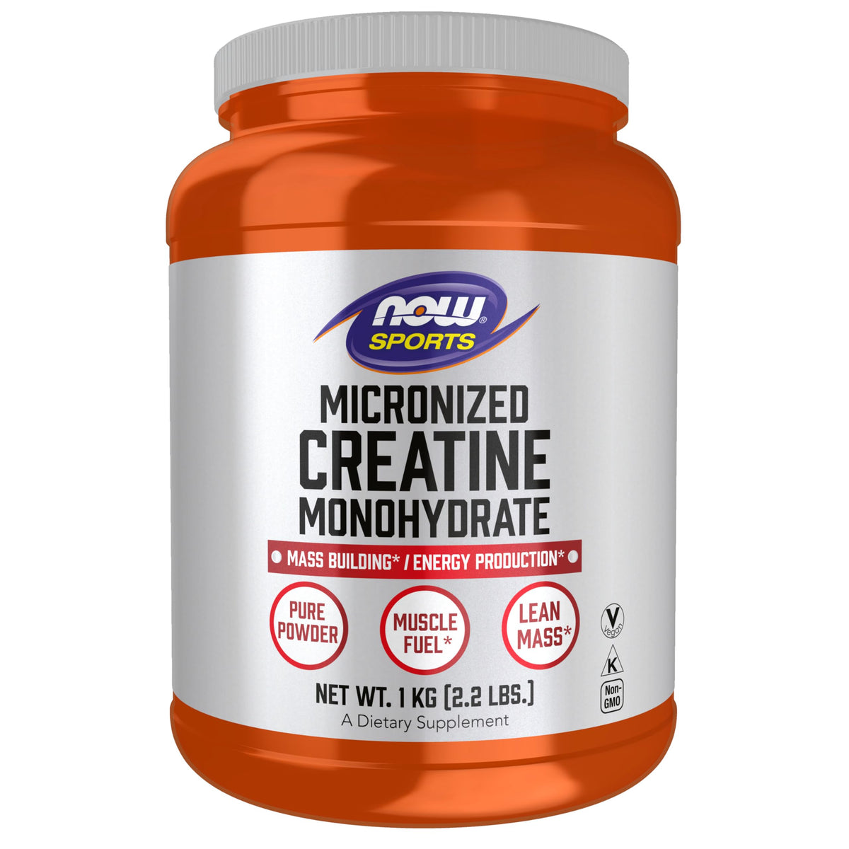 NOW creatina polvo vista frontal con beneficios de pureza