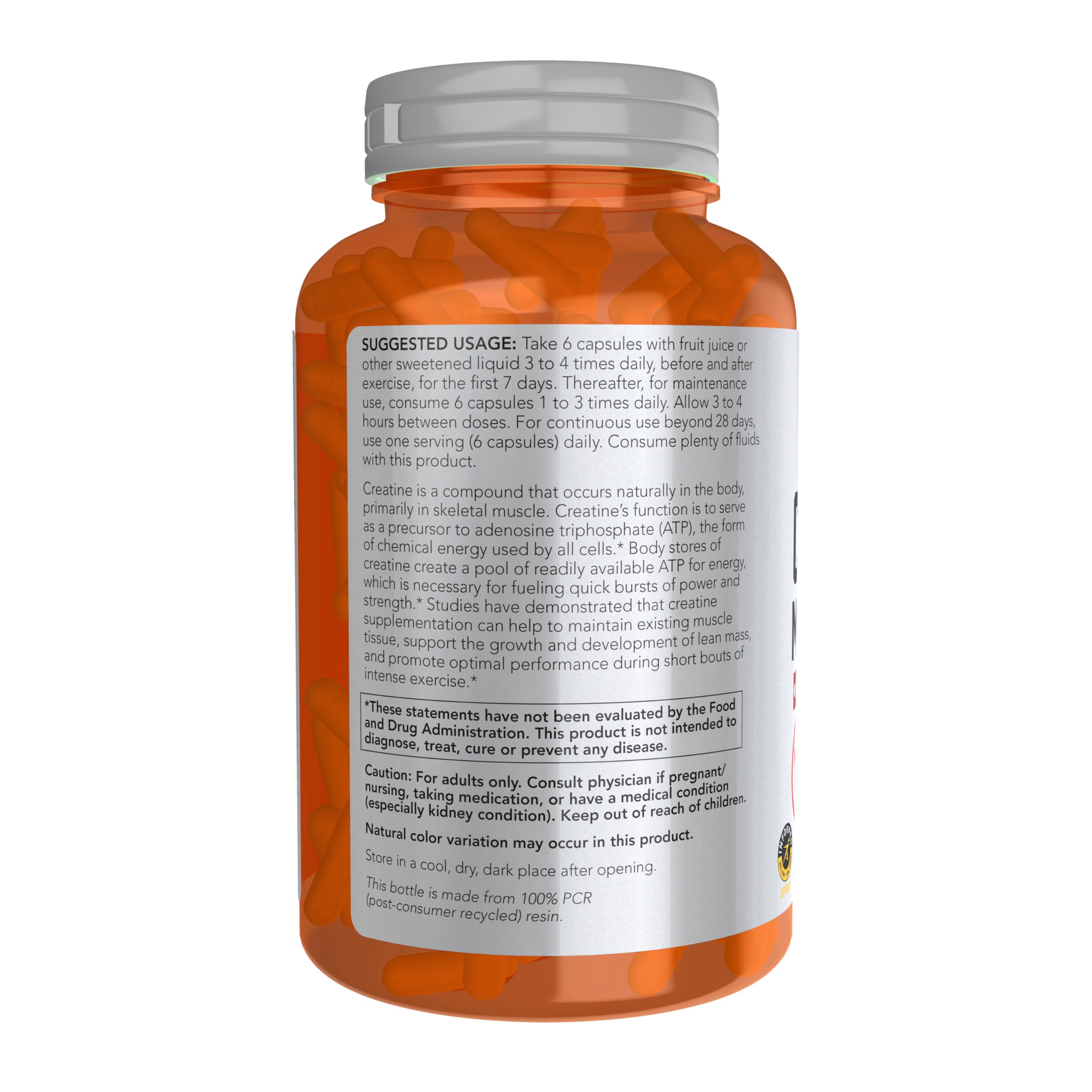Bote abierto con cápsulas NOW Creatine 750 mg, solución portátil para entrenamiento