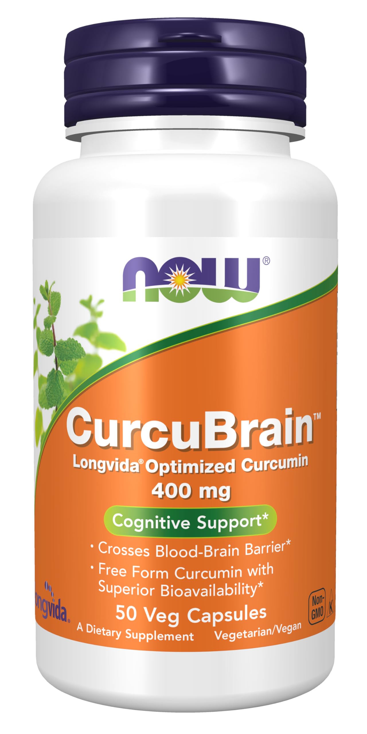 NOW CurcuBrain frente del empaque mostrando 50 cápsulas y beneficios