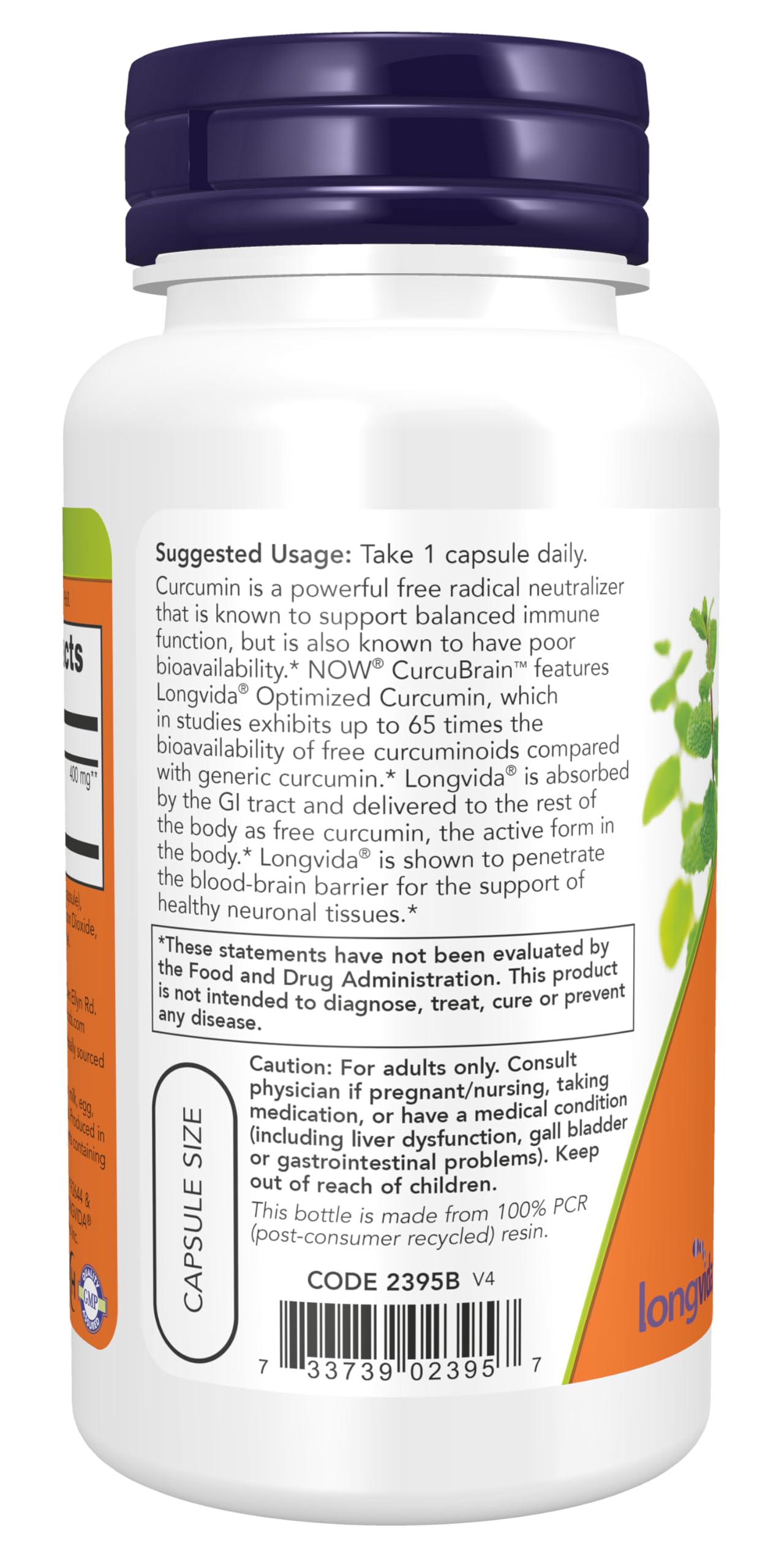 NOW CurcuBrain polvo del extracto Longvida® resaltando su pureza