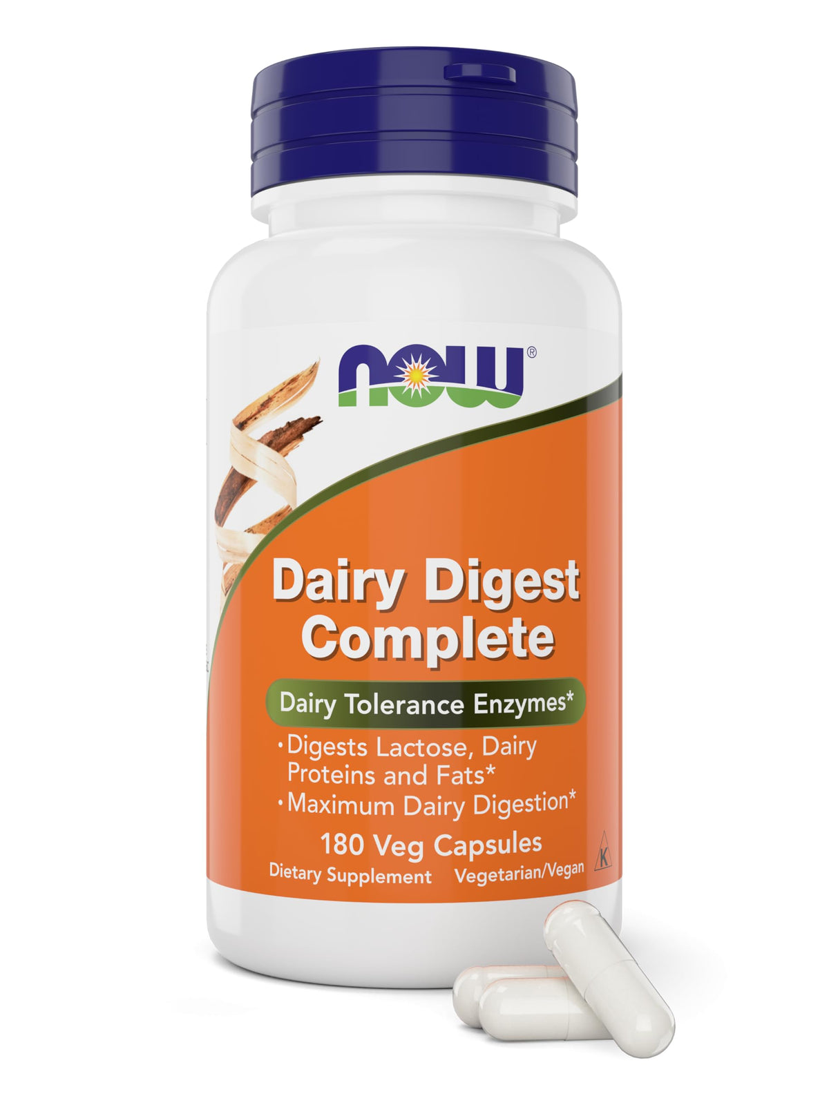 NOW Foods envase frontal de Dairy Digest Complete mostrando 180 cápsulas y beneficios