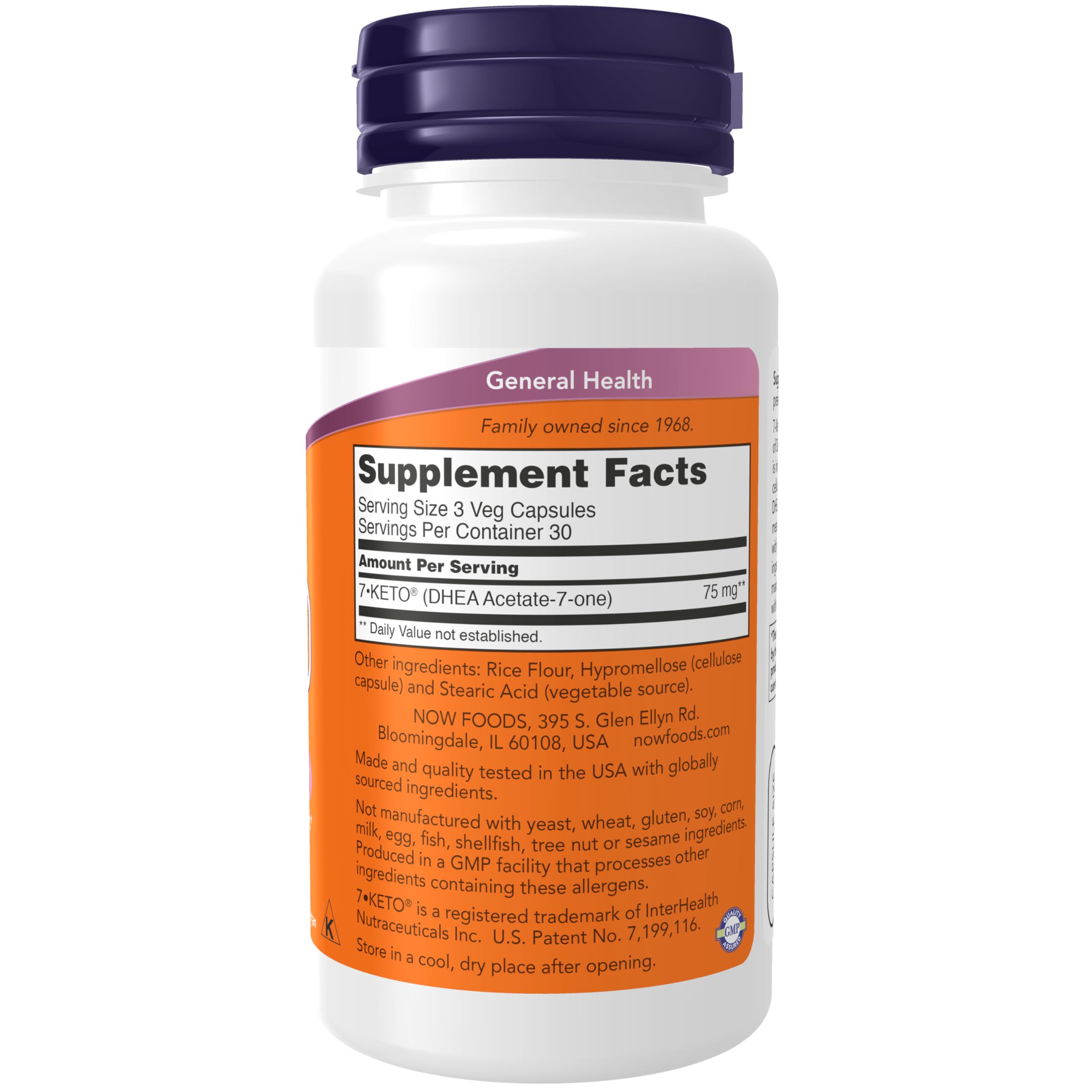 NOW Foods etiqueta con información de 7-Keto y certificaciones de calidad