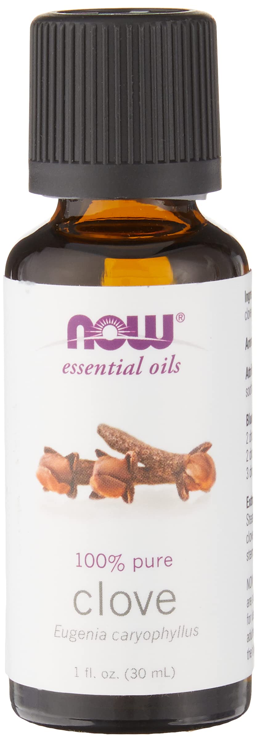 NOW Foods botella frontal de aceite de clavo, aroma cálido y especificaciones