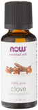 NOW Foods botella frontal de aceite de clavo, aroma cálido y especificaciones