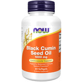 NOW Foods frasco frontal del aceite de comino negro con beneficios visibles