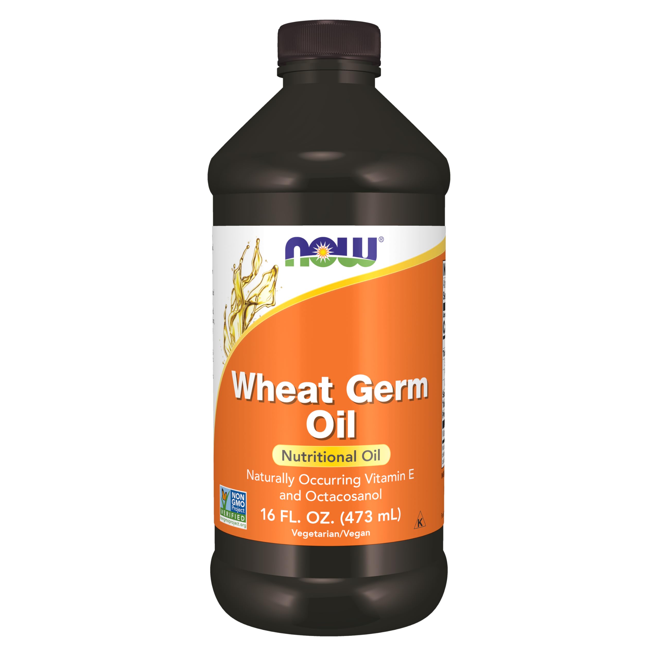 NOW Foods envase frontal mostrando aceite de germen de trigo y etiqueta