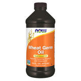 NOW Foods envase frontal mostrando aceite de germen de trigo y etiqueta